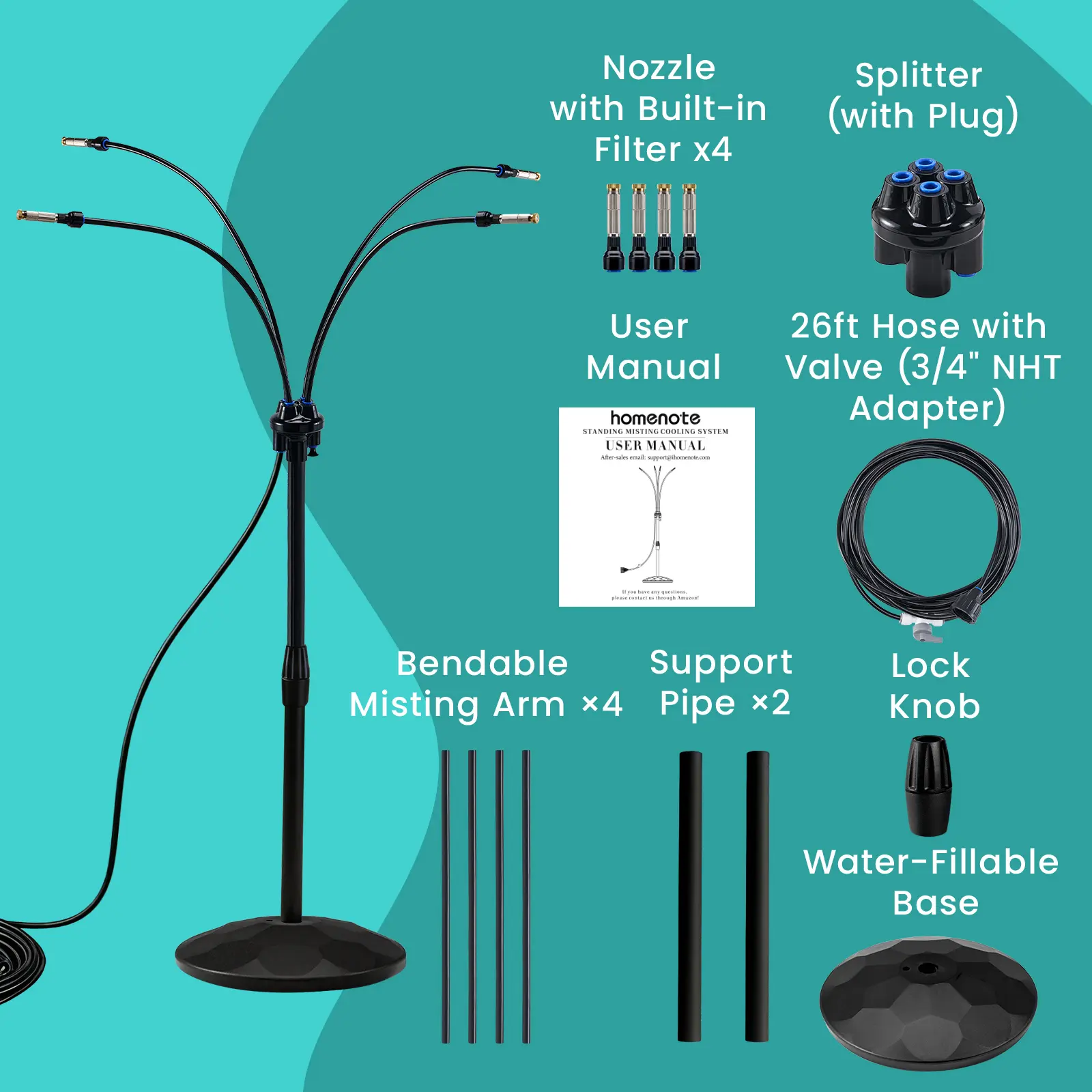 Standing Misting Cooling System with Fillable Base, 26.2FT Water Line, Adjustable Height Standing Mister for Outside Patio Cooling, Pool Tanning, Garden Greenhouse Watering