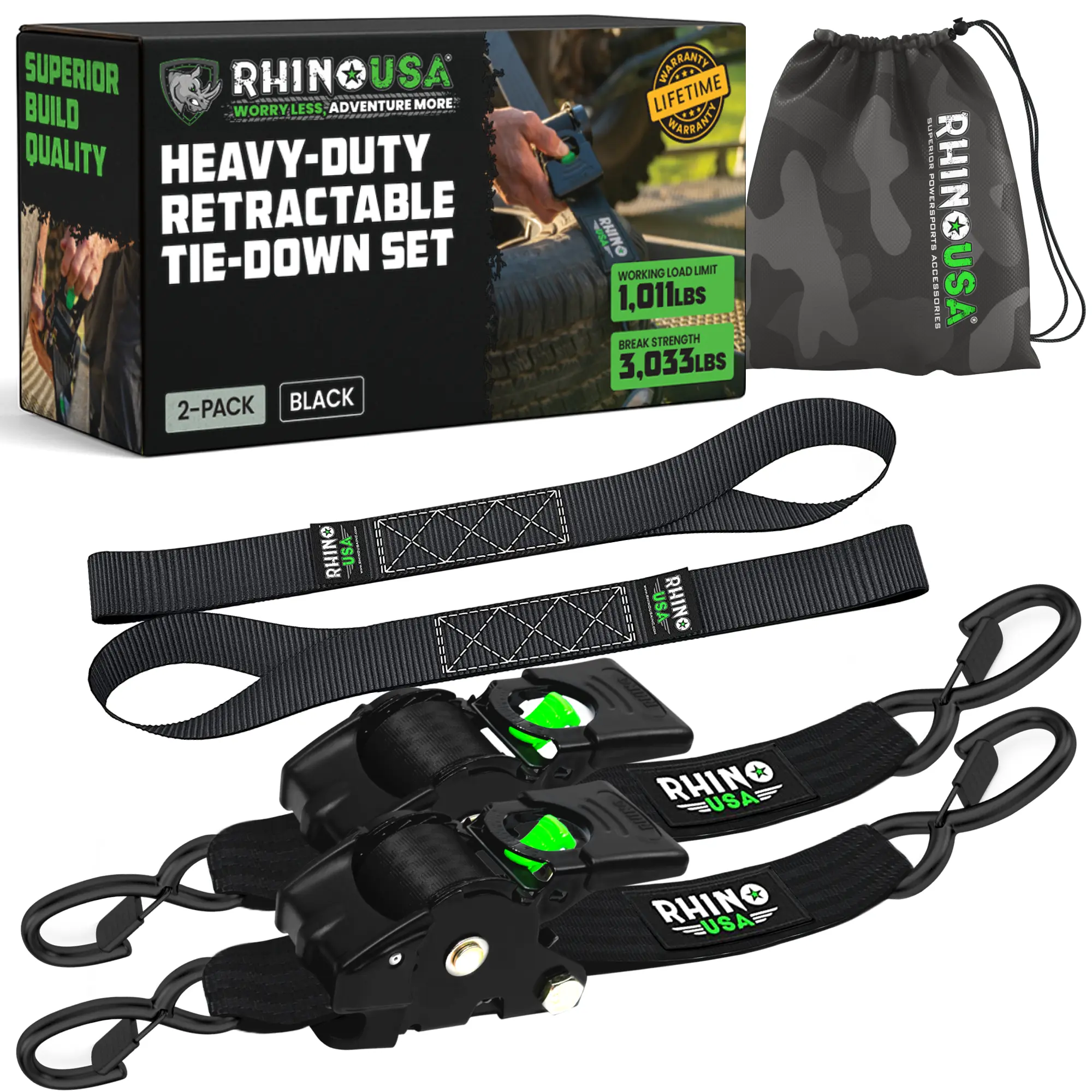 2" x 10' Retractable Ratchet Straps 2- or 4-Pack - (3,033lb Break Strength) - Heavy Duty Self Retracting Tie Down Straps for Truck, Cargo Trailer