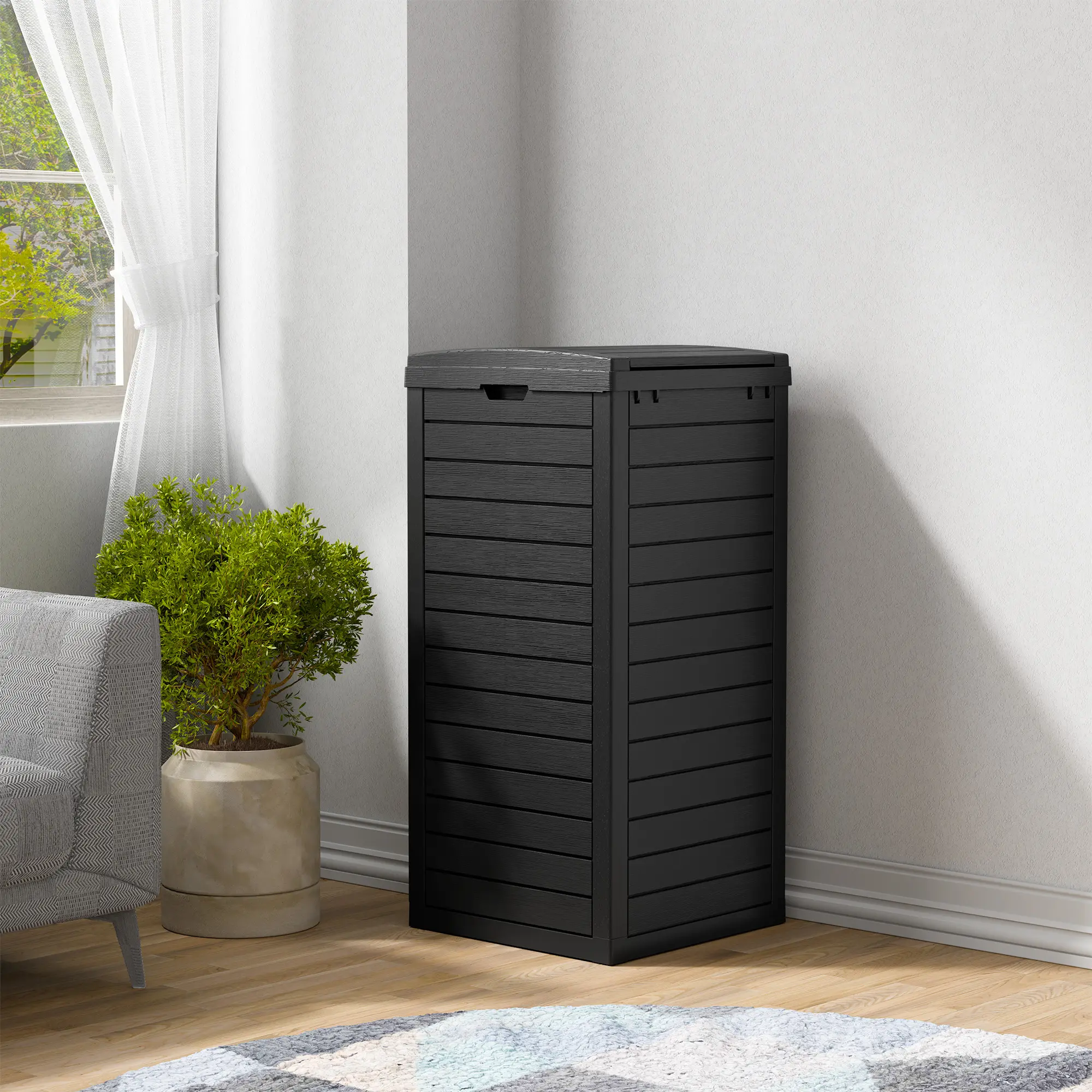 31-Gallon Outdoor Trash Can – Concealed Resin Waste Bin with Lid & Drip Tray for Clean Indoor/Outdoor Use