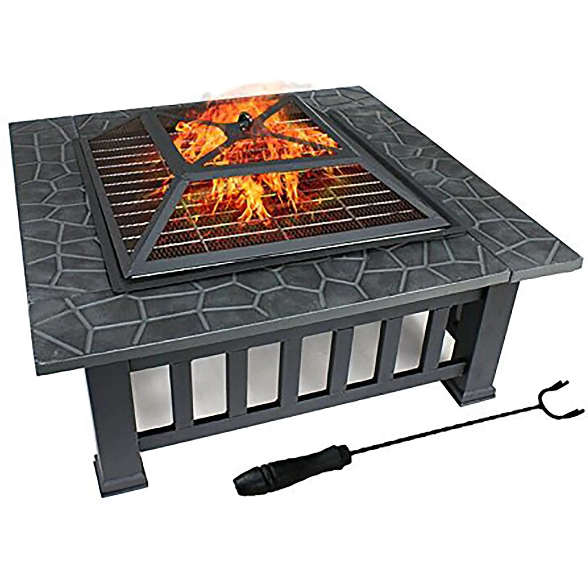32-inch square heavy-duty steel frame wood-burning tabletop fire basin set, outdoor patio furniture, backyard decoration, suitable for family gardens, camping essential.