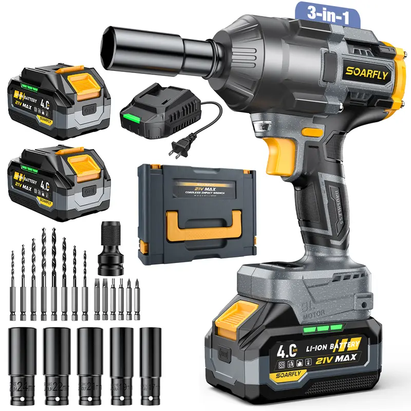 1000NM Impact Wrench, 2x 4.0Ah Batteries, Fast Charger, 6 Screwdriver Bit, 8 Drill Bit, 6 Sockets, For Car, Trucks