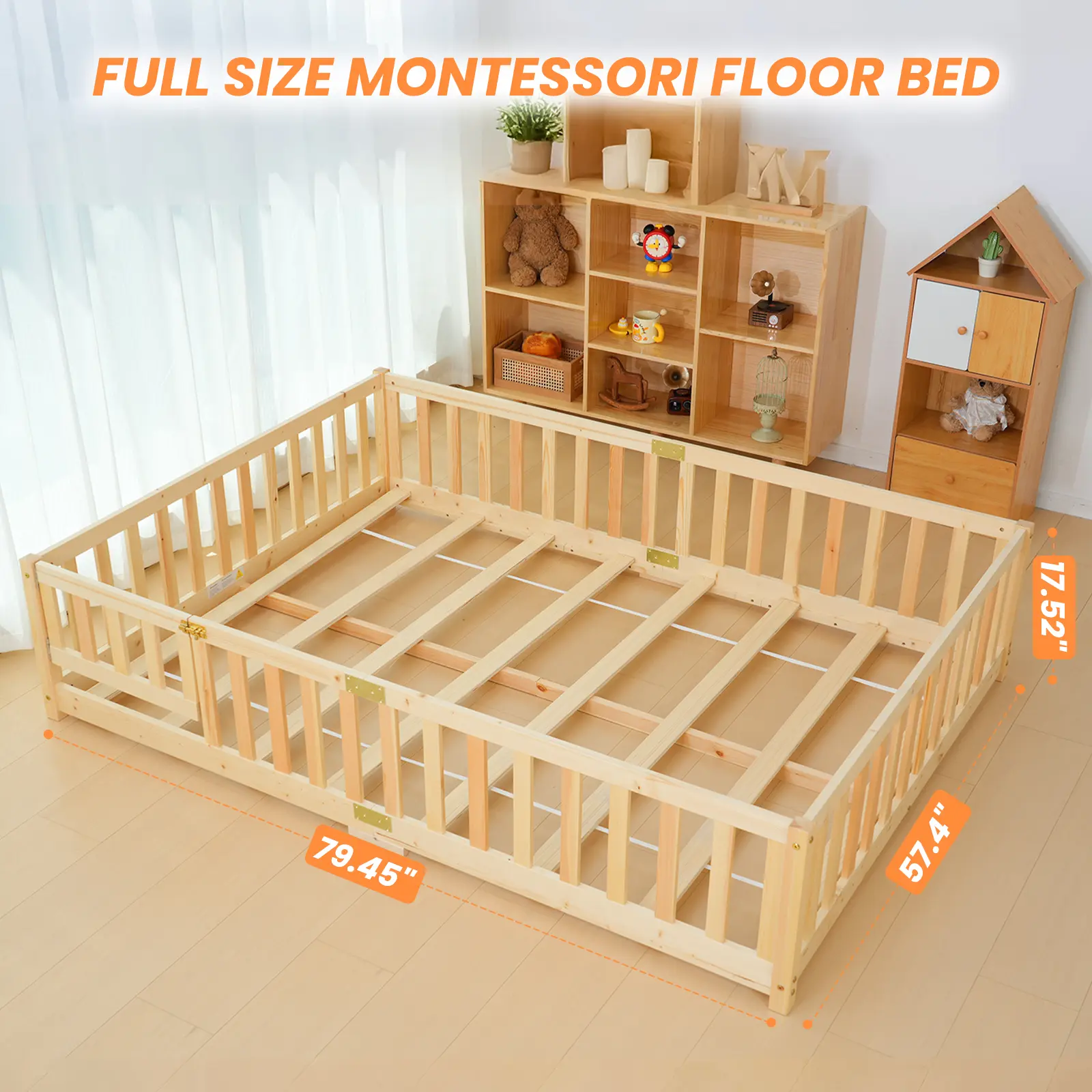 Twin/Full Size Montessori Floor Bed for Kids, Solid Wood Bed Frame with Fence, Door & Safety Guardrails, CPC Certified