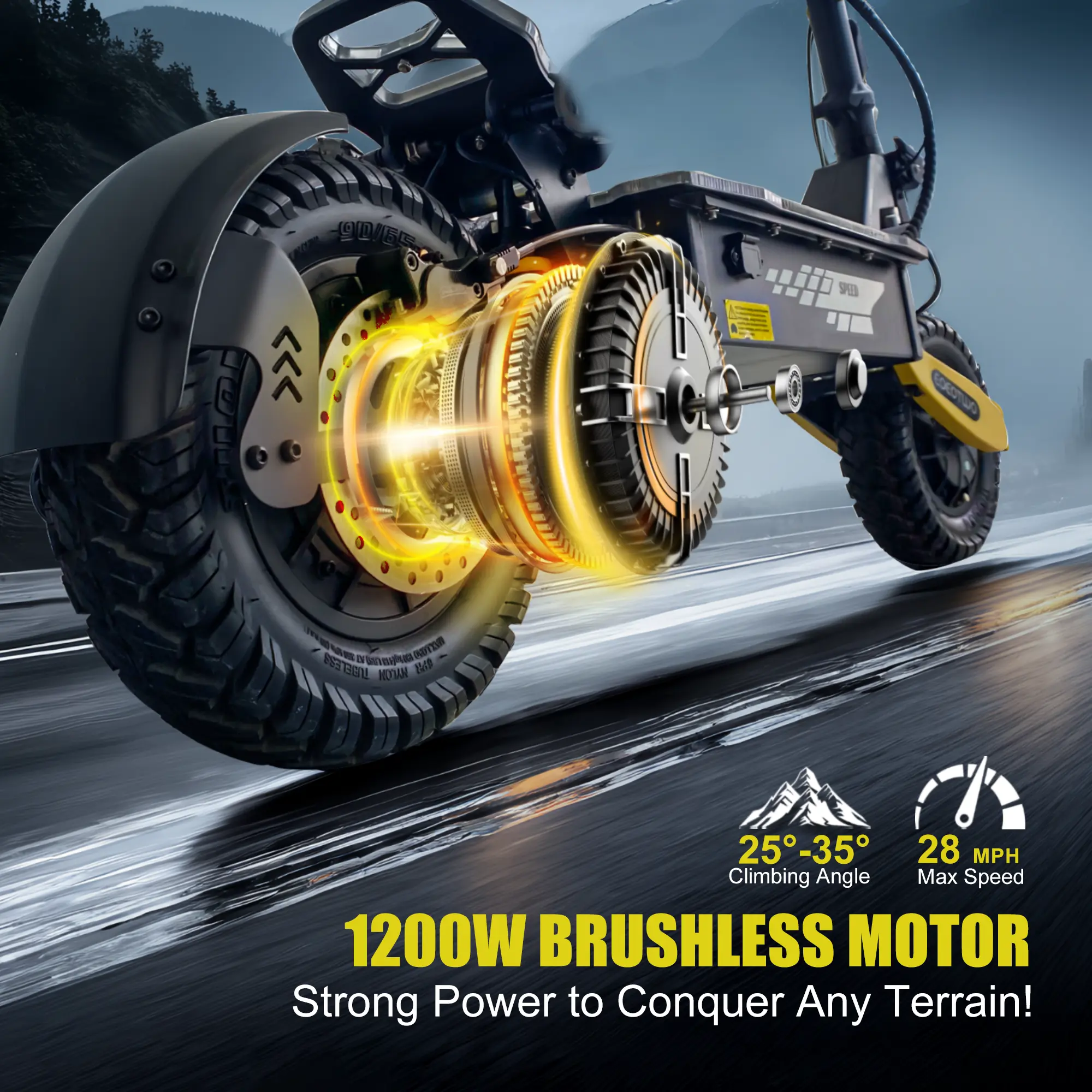 Electric scooter with a range of 40 miles, equipped with a 1200 W motor, top speed of 30 miles per hour, 11-inch all-terrain tires, front and rear shock absorbers, an LED display screen