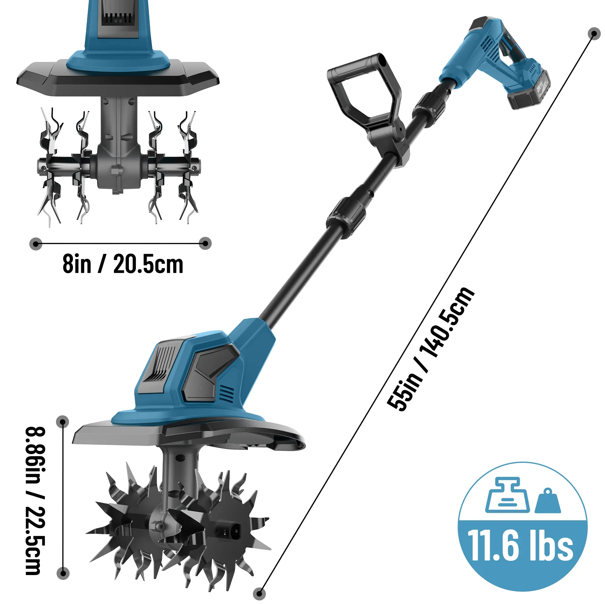 Cordless Cultivator & Tiller, 21V Electric Garden Tillers with 2×4000mAh Battery 120 Mins Runtime, 270 RPM Manganese Steel Blades, Lightweight 11.6 lbs, Ergonomic Design for Vegetable Plots Flowerbeds