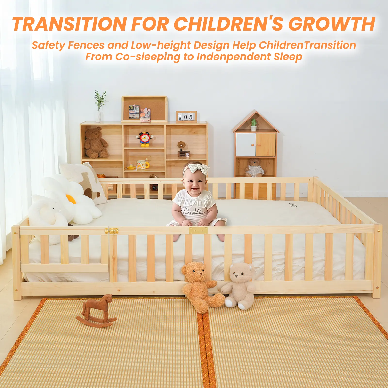Twin/Full Size Montessori Floor Bed for Kids, Solid Wood Bed Frame with Fence, Door & Safety Guardrails, CPC Certified