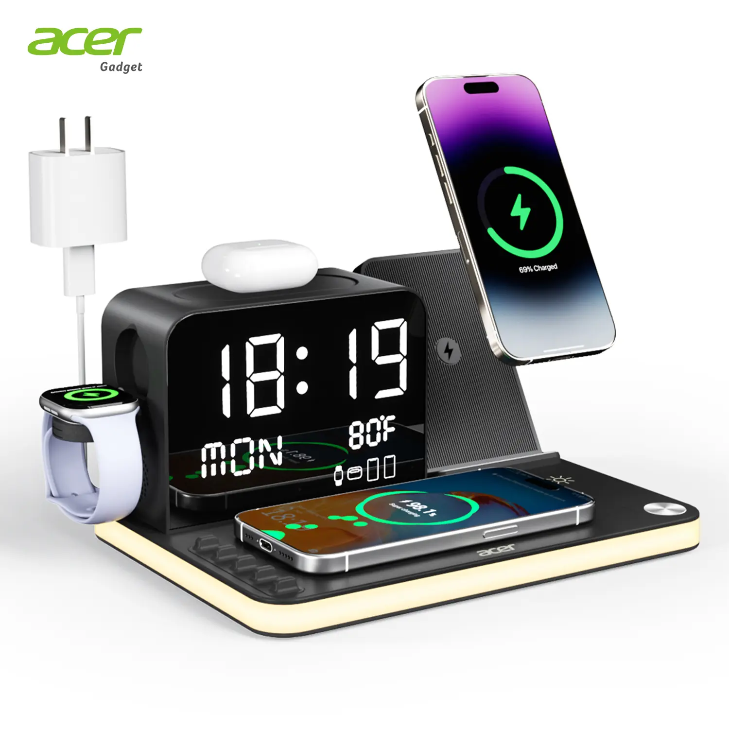 7-in-1 Wireless Charging Station – Fast Charger with LED Night Light, Bluetooth Clock & Temperature Display for iPhone, Apple Watch & AirPods