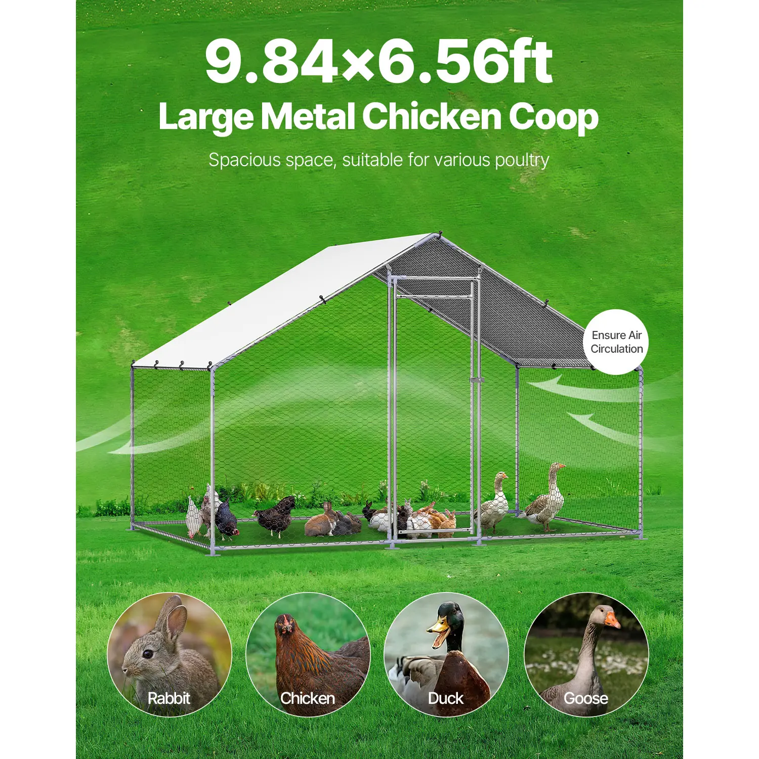 Metal Chicken Coop, 9.8x6.5x6.5ft Large Walk-in Chicken Runs with Cover, Spire Roof Hen House Enclosure with Security Lock, Outdoor Duck Rabbit Cage Poultry Pen for Backyard, Farm
