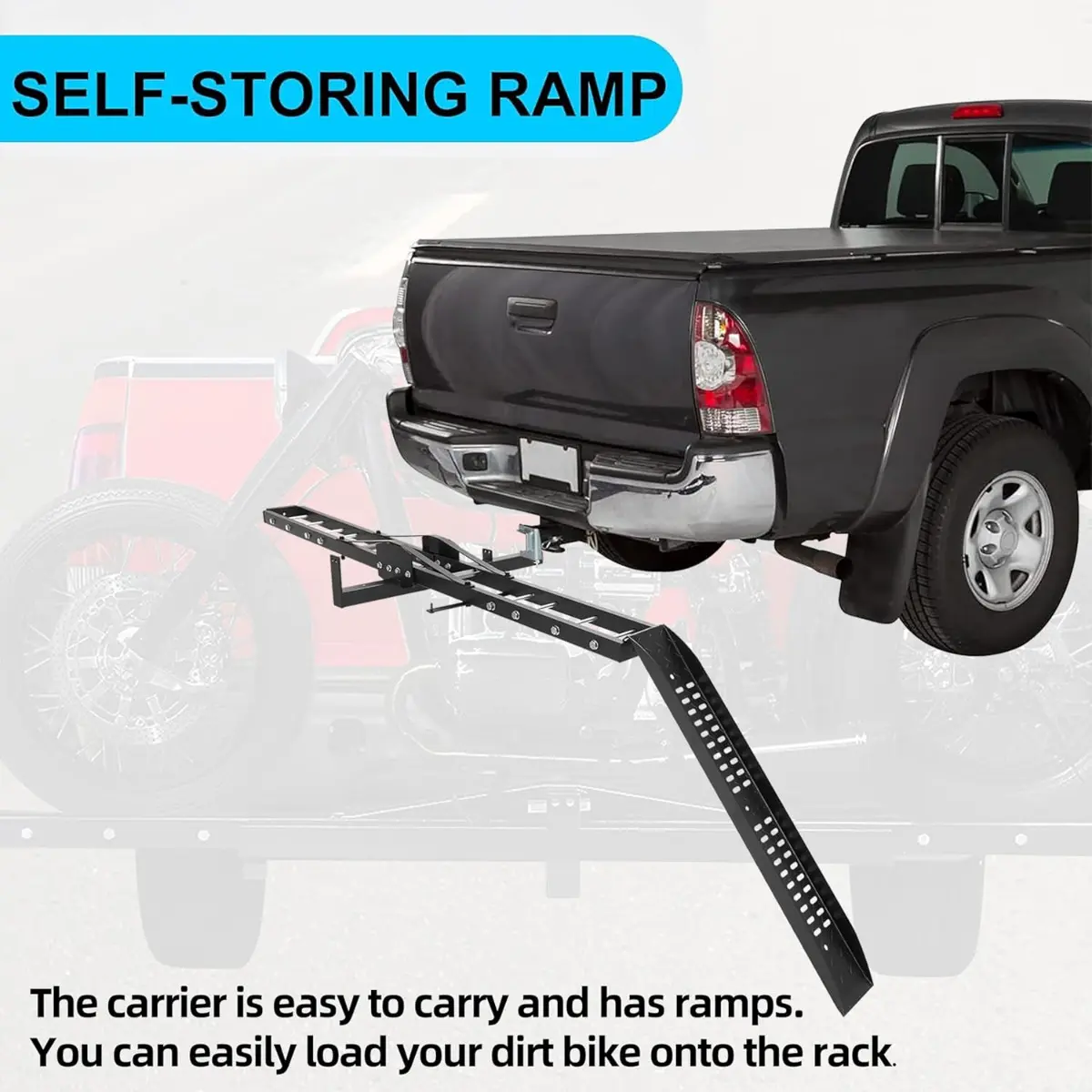 Heavy-Duty Motorcycle Carrier – 600 lb Hitch Mount Rack with Loading Ramp & Anti-Tilt Design for Secure Transport