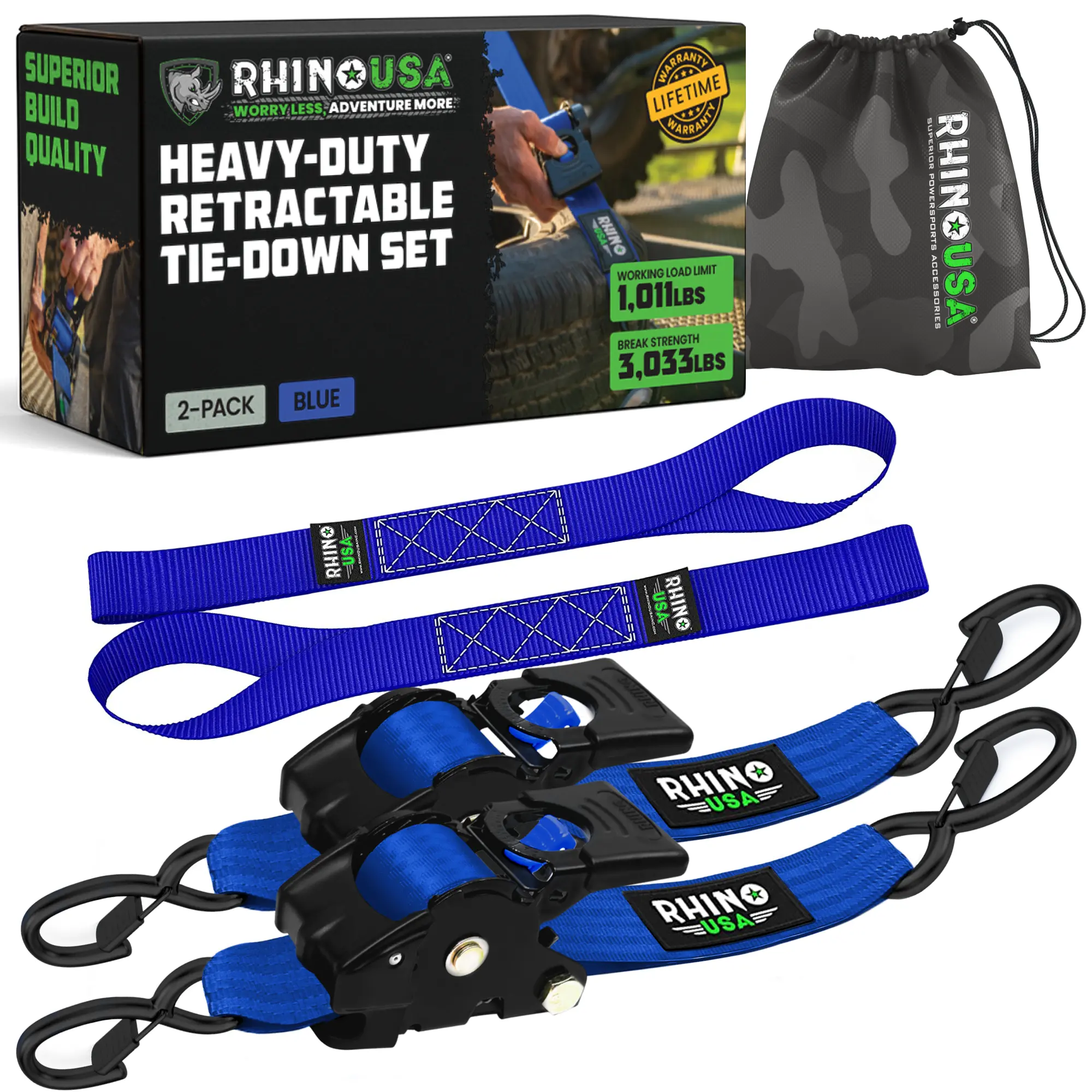 2" x 10' Retractable Ratchet Straps 2- or 4-Pack - (3,033lb Break Strength) - Heavy Duty Self Retracting Tie Down Straps for Truck, Cargo Trailer