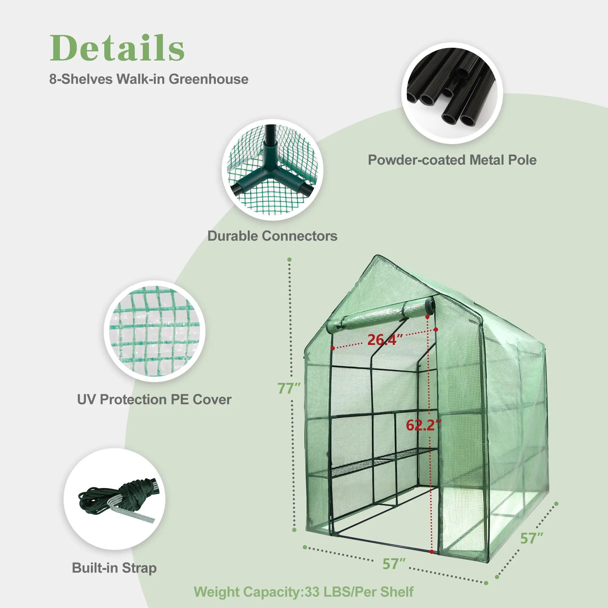 Portable Walk-In Greenhouse with Roll-Up Zipper Door PE Cover Greenhouses for Garden, Backyard - Three Sizes
