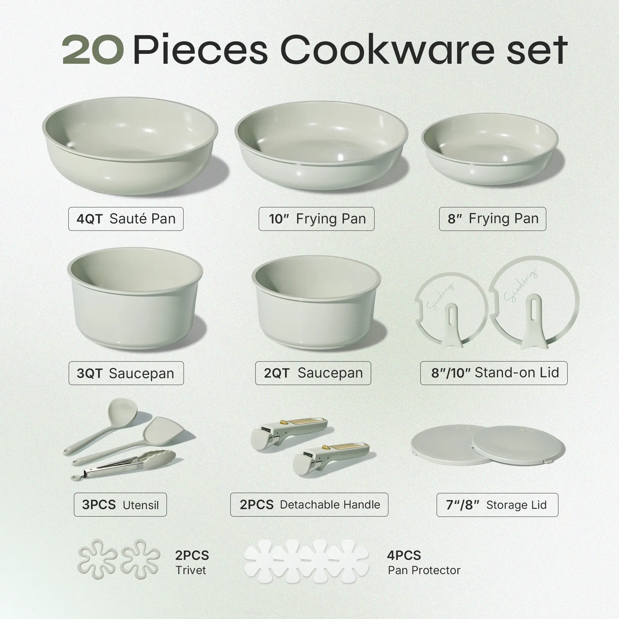 Macaron Color 20Pcs Ceramic Cookware Set Stand-Up Lid with Detachable Handle Set, Non Stick Pots and Pans Set Non Toxic, PFAS Free
