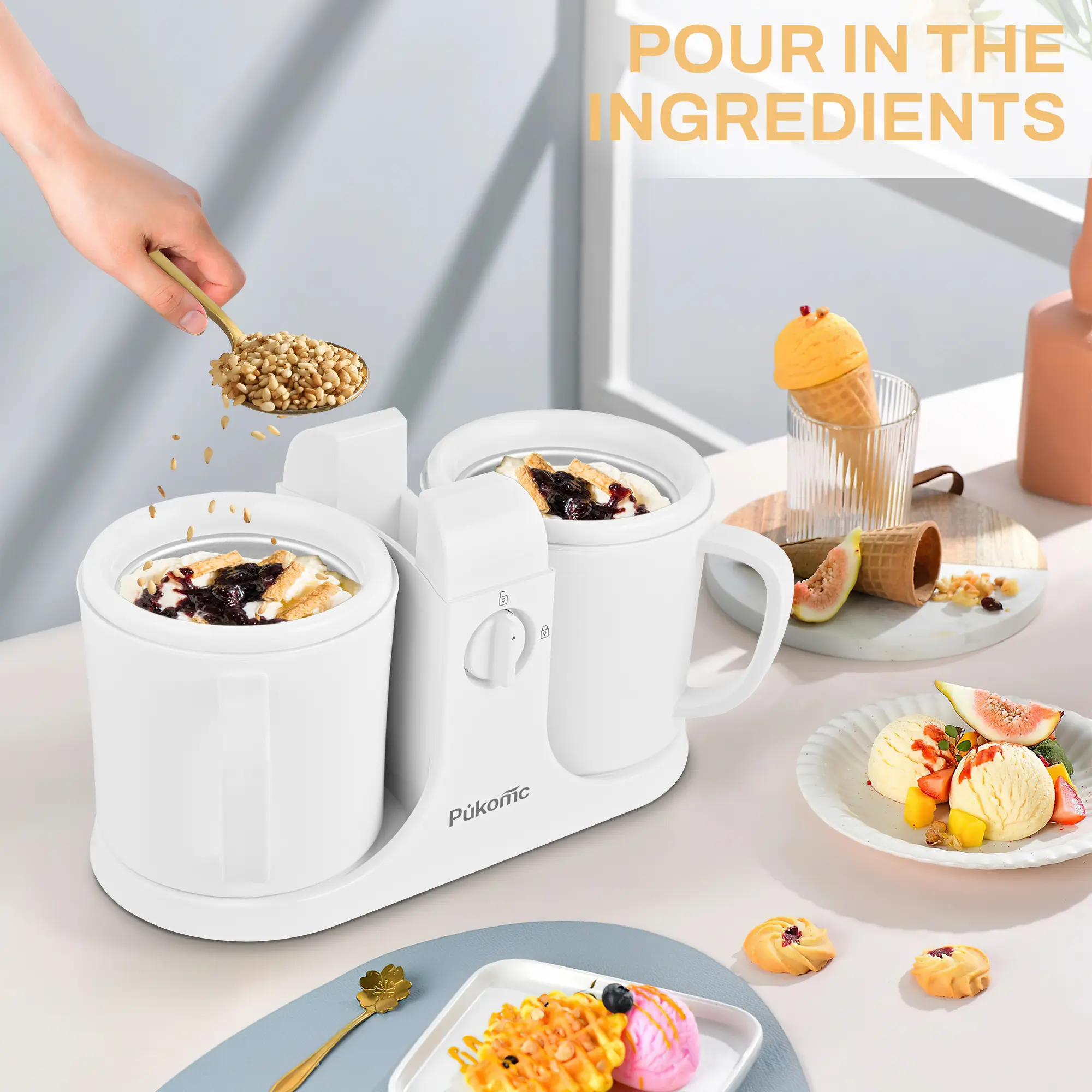 Ice Cream Maker Machine for Home Use with Two Ice Cream Bowls Simple Operation Easy to Clean White Easy Fast Use Perfect Dessert,The best Christmas New Year gift