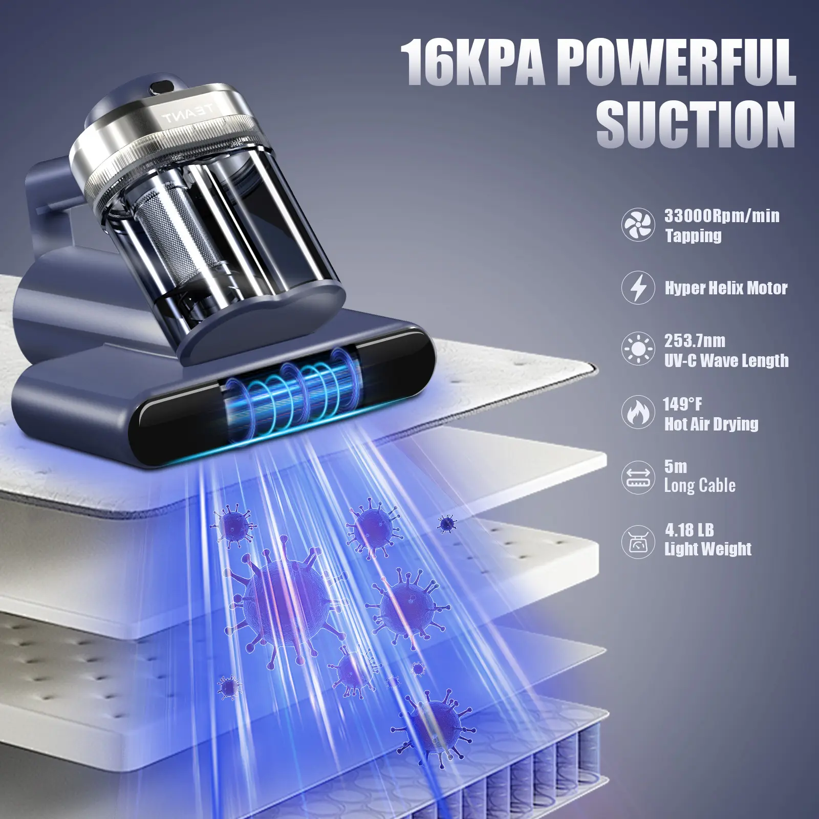 Mattress Vacuum Cleaner for Dust Mites – 16KPa Powerful Suction, UV-C Sterilization, 149°F Hot Air & HEPA Deep Cleaning