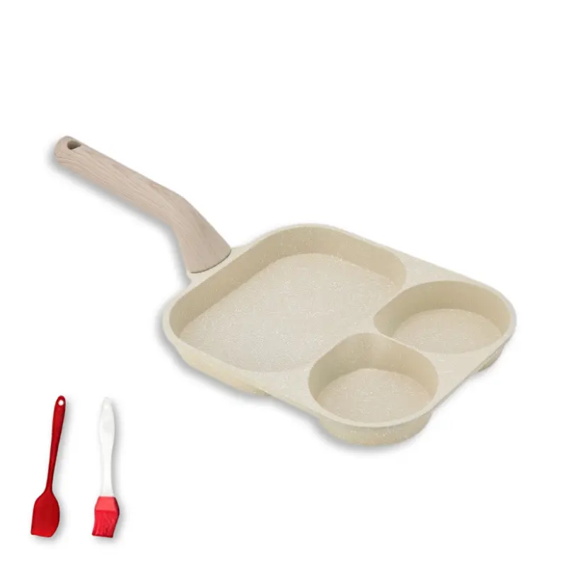 Non-stick Egg Frying Pan, 3 Holes Skillet With Handle, Nonstick 3-In-1 Divided Grill Pan - Multi-Use Egg Cooker, Omelette/Pancake Pan with Steak Function, Gas/Induction Compatible + Free Oil Brush & Scraper，Easy Clean，Breakfast Gadget，Family-Safe，