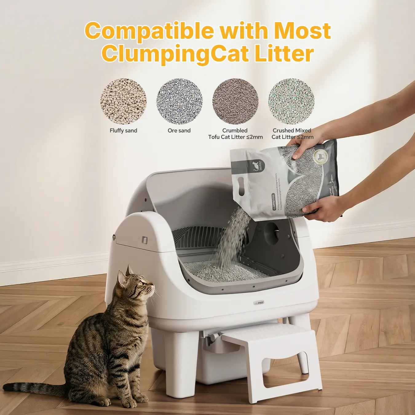 Open Top Self Cleaning Cat Litter Box, Automatic Litter Box with 7 Pairs of Safety Sensors, Anti-Pinch Protection, Easy Access Step for Senior Cats