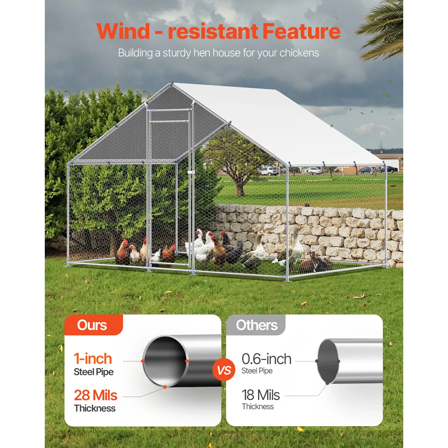Metal Chicken Coop, 9.8x6.5x6.5ft Large Walk-in Chicken Runs with Cover, Spire Roof Hen House Enclosure with Security Lock, Outdoor Duck Rabbit Cage Poultry Pen for Backyard, Farm