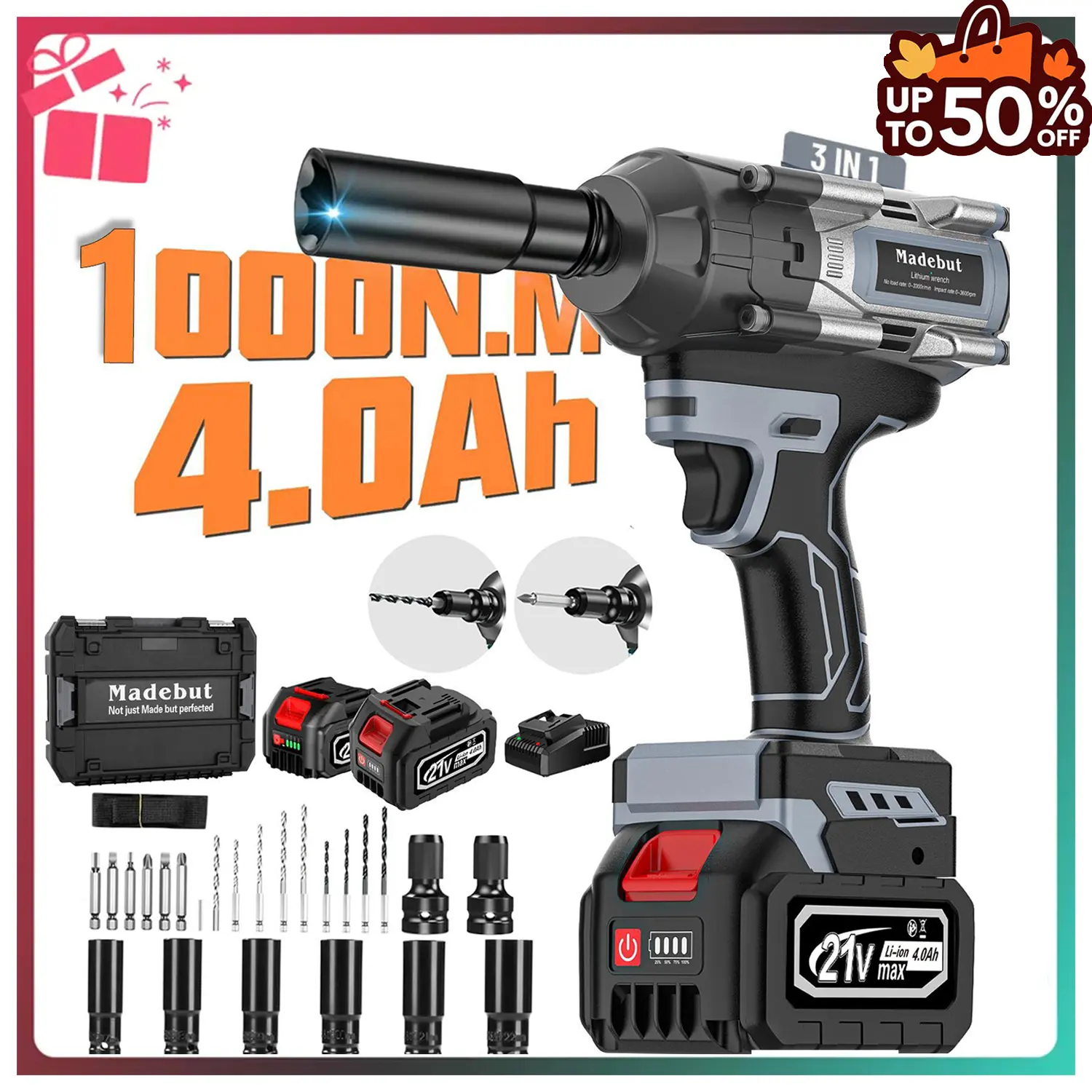 1000N.m Cordless Impact Wrench,All-Metal Cordless Impact Gun with 2 * 4.0Mah, 3-IN-1 Electric Impact Wrench