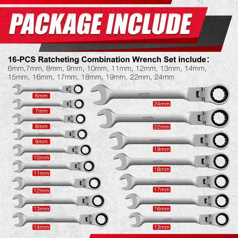 16PCS Flex-Head Ratcheting Wrench Set, Combination Wrench Set, Metric 6-24mm, 72-Tooth, CR-V Steel, with Rolling Pouch