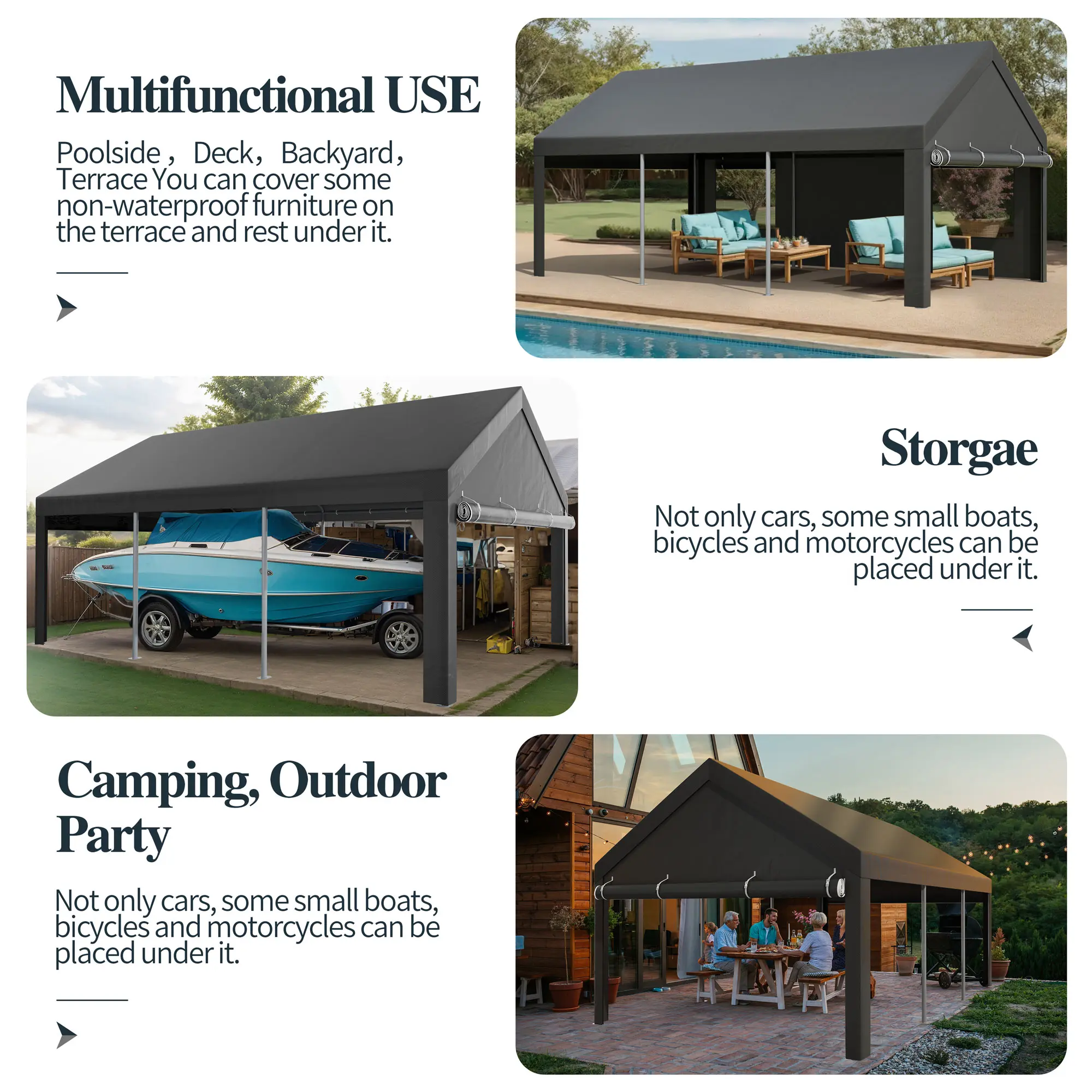 Carport 12x20ft Outdoor Car Canopy Portable Garage, Heavy Duty Shed Tent Port with Roll-up Ventilated Windows & Removable Sidewalls Shelter Storage Vehicle Party Moisture Prevention for Camp, Farm, Tool