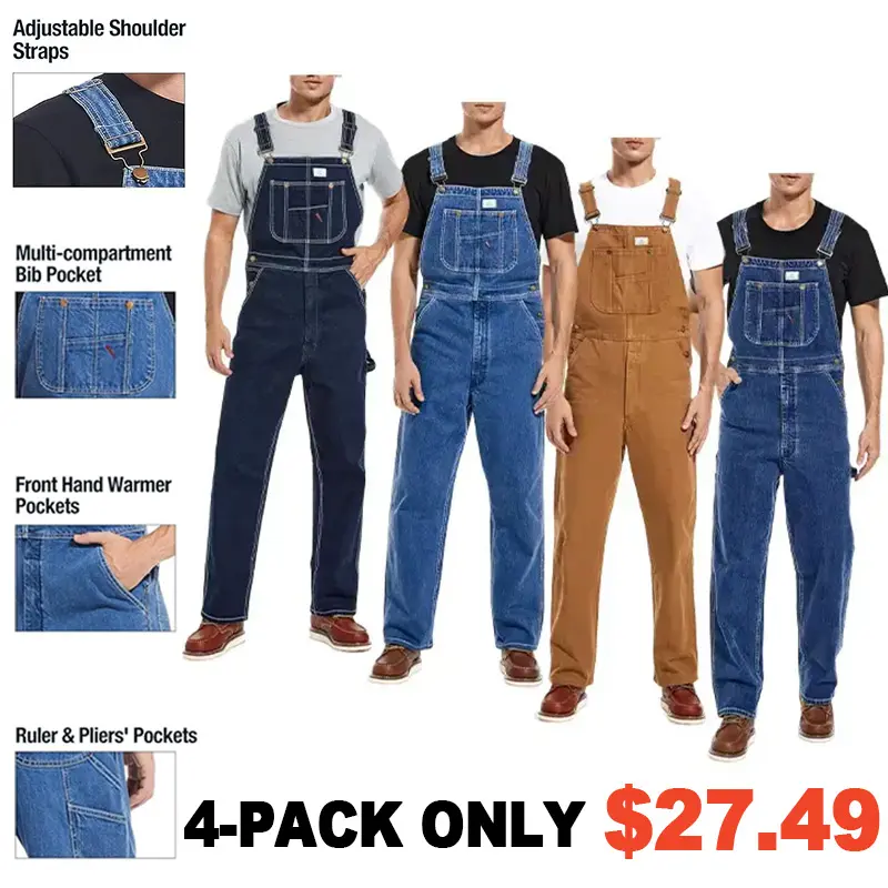 Men's 4-Pack Flex Denim Bib Overalls — Adjustable & Utility Ready