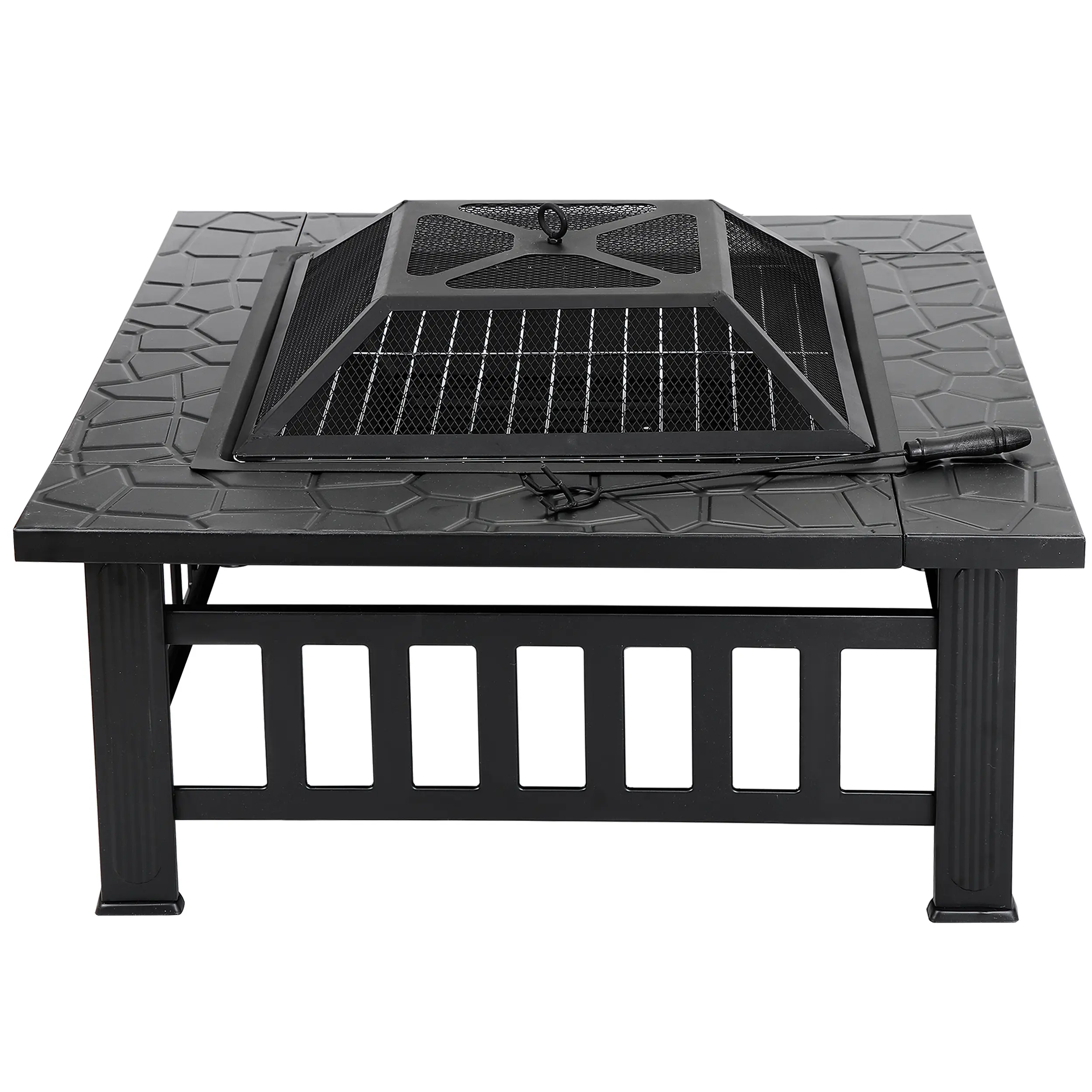 32-inch square heavy-duty steel frame wood-burning tabletop fire basin set, outdoor patio furniture, backyard decoration, suitable for family gardens, camping essential.