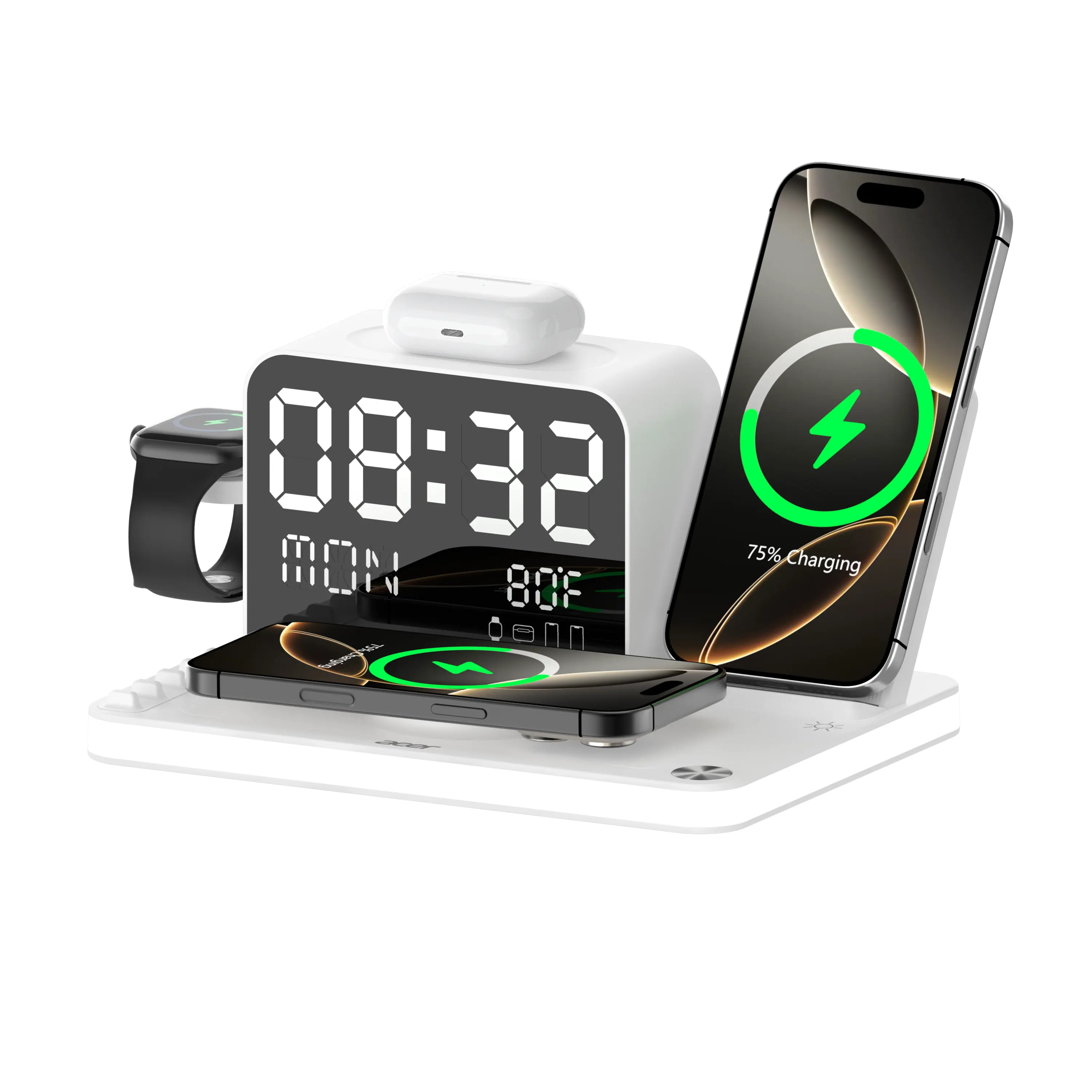 7-in-1 Wireless Charging Station – Fast Charger with LED Night Light, Bluetooth Clock & Temperature Display for iPhone, Apple Watch & AirPods