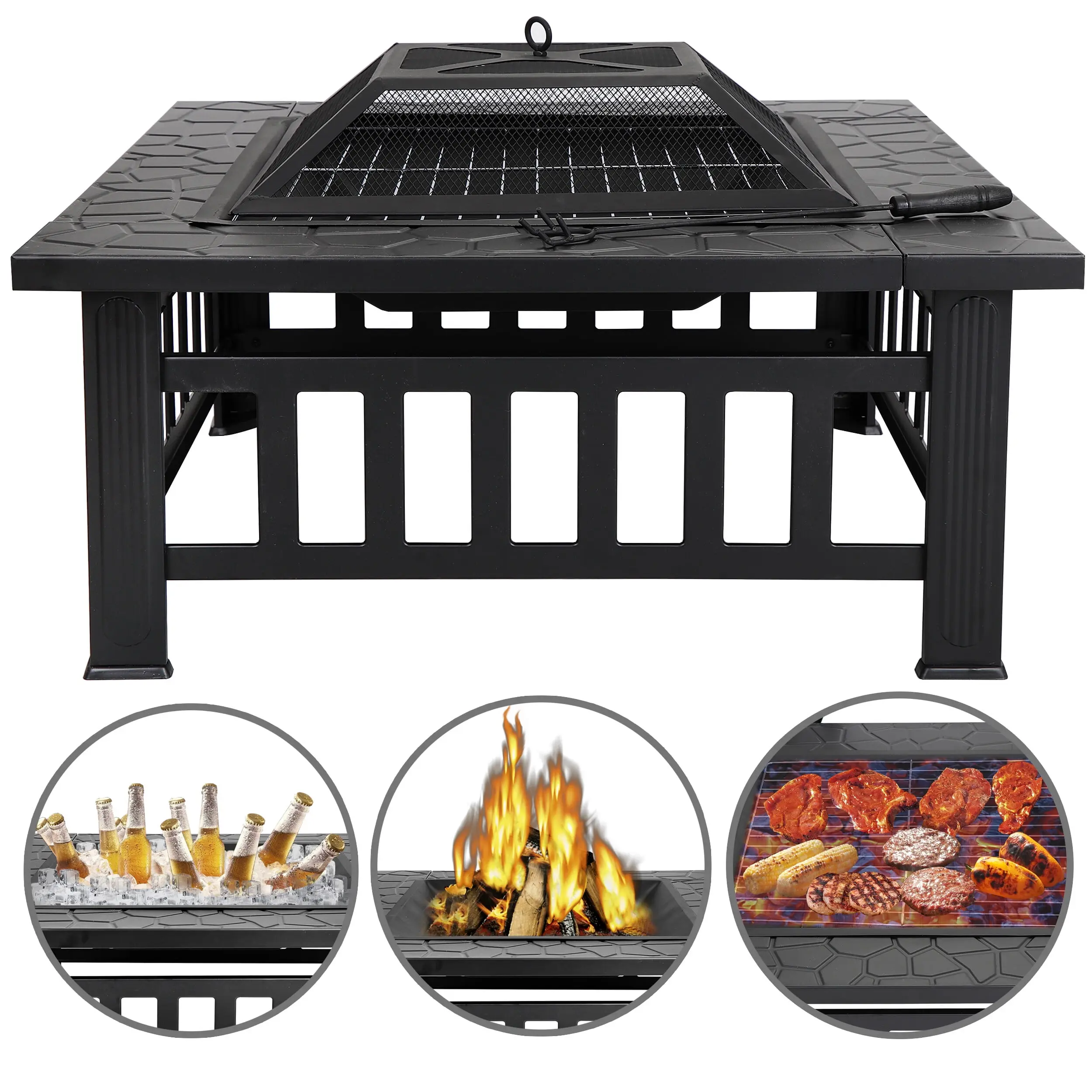 32-inch square heavy-duty steel frame wood-burning tabletop fire basin set, outdoor patio furniture, backyard decoration, suitable for family gardens, camping essential.