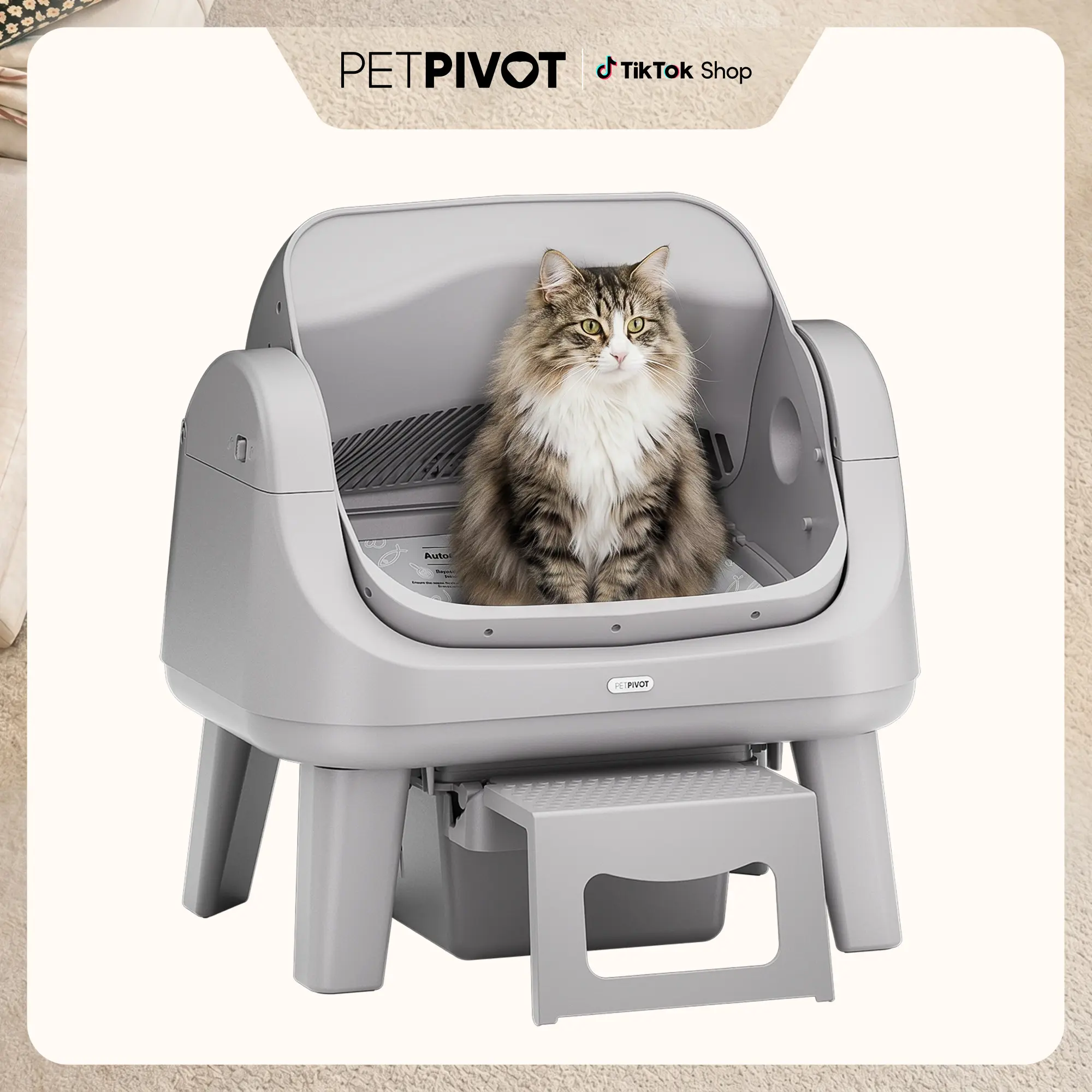 Open Top Self Cleaning Cat Litter Box, Automatic Litter Box with 7 Pairs of Safety Sensors, Anti-Pinch Protection, Easy Access Step for Senior Cats