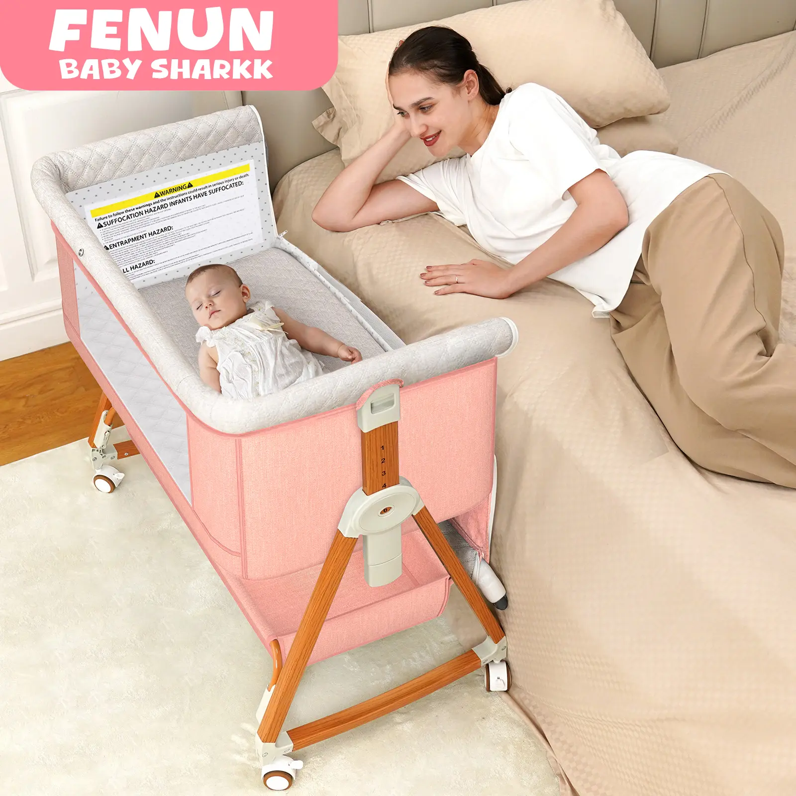 Baby Bassinet Sleeper, 6 Height Adjustable Cribs, Easy to Fold Portable Crib Side Bassinet, Swing Cradle Bed Side Sleeper with Ventilated Net&Wheels