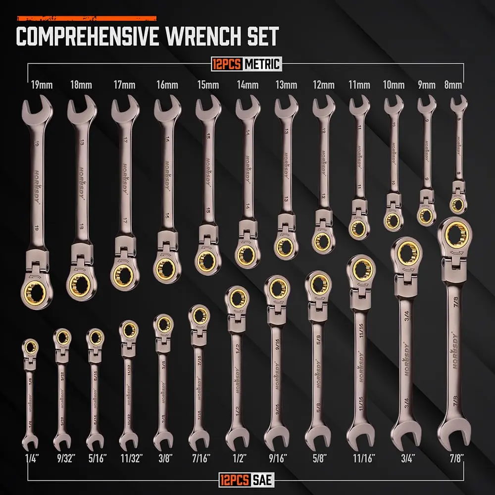 【Father's Day Gift】24PC Flex-Head Ratcheting Wrench Set | Metric and SAE | Ratchet Combination Wrenches Set with Organizer | 72-Teeth | Chrome Vanadium Steel Hardware, Gift, Spring Glow Up