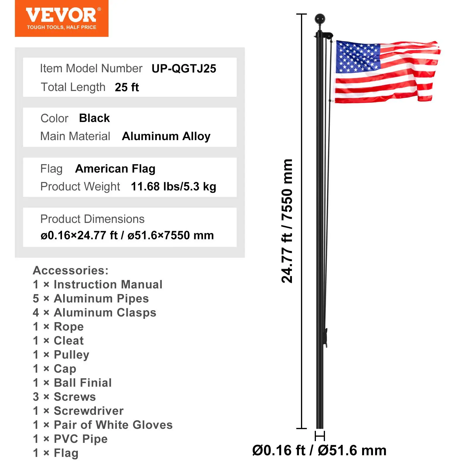 25FT Sectional Flag pole Kit,  , Heavy Duty Aluminum Alloy in Ground Flag poles for Outside, 3 Display Modes Flagpole with 3x5 American Flag, Professional Accessories, Black Banners Lightweight