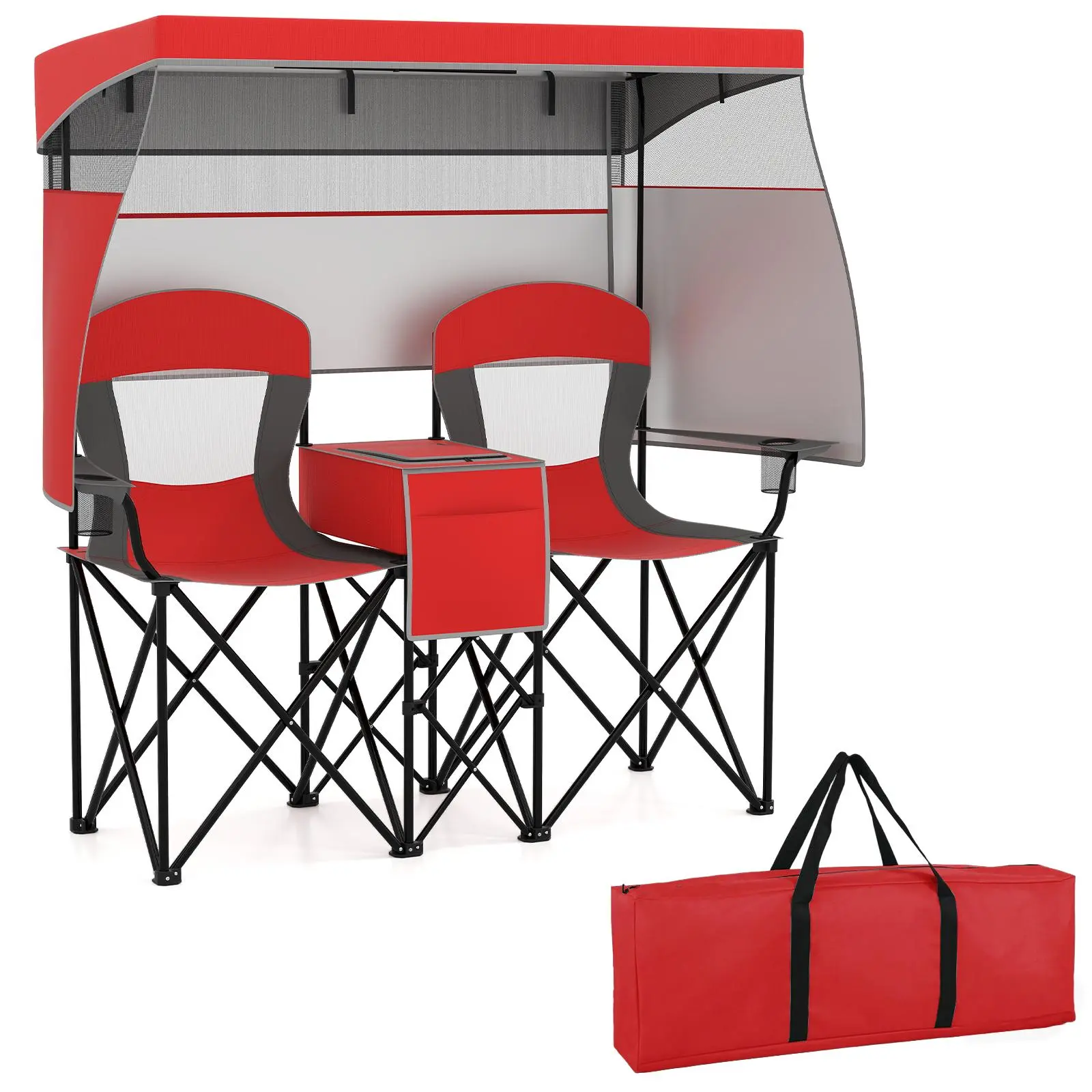 2-Person Portable Camping Chair with Roll-Up Shade & Cooler Bag