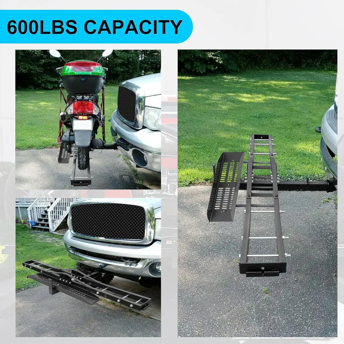 Heavy-Duty Motorcycle Carrier – 600 lb Hitch Mount Rack with Loading Ramp & Anti-Tilt Design for Secure Transport