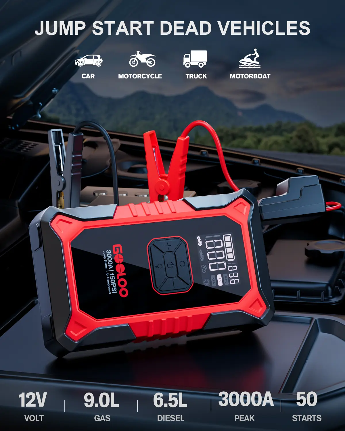 Portable Car Jump Starter with Air Compressor, 3000A Car Battery Jump Starter (9.0 Gas/6.5L Diesel) with 150PSI Digital Tire Inflator Repair Tool Kit Vehicle. fathersdaygift