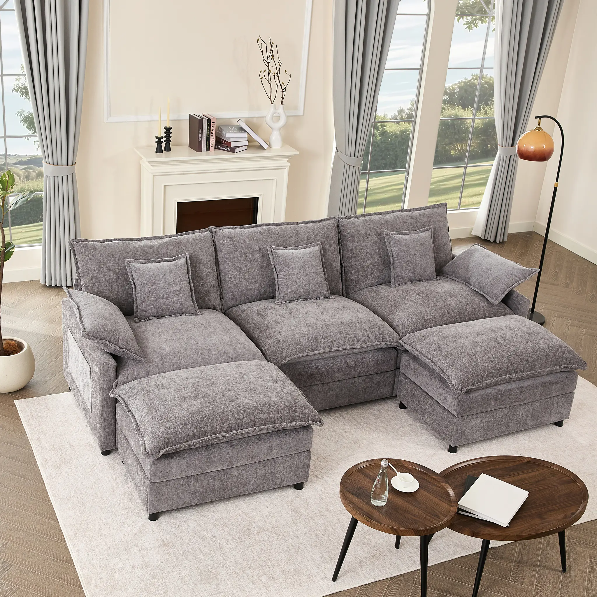 108" U-Shaped Modular Sectional Sofa - Comfy Cloud 3-Seater with 2 Movable Ottoman, Cloud Sofa,Deep Seat Linen Couch for Living Room, Beige Color ,Comfort & Stylish Design,Chenille pink