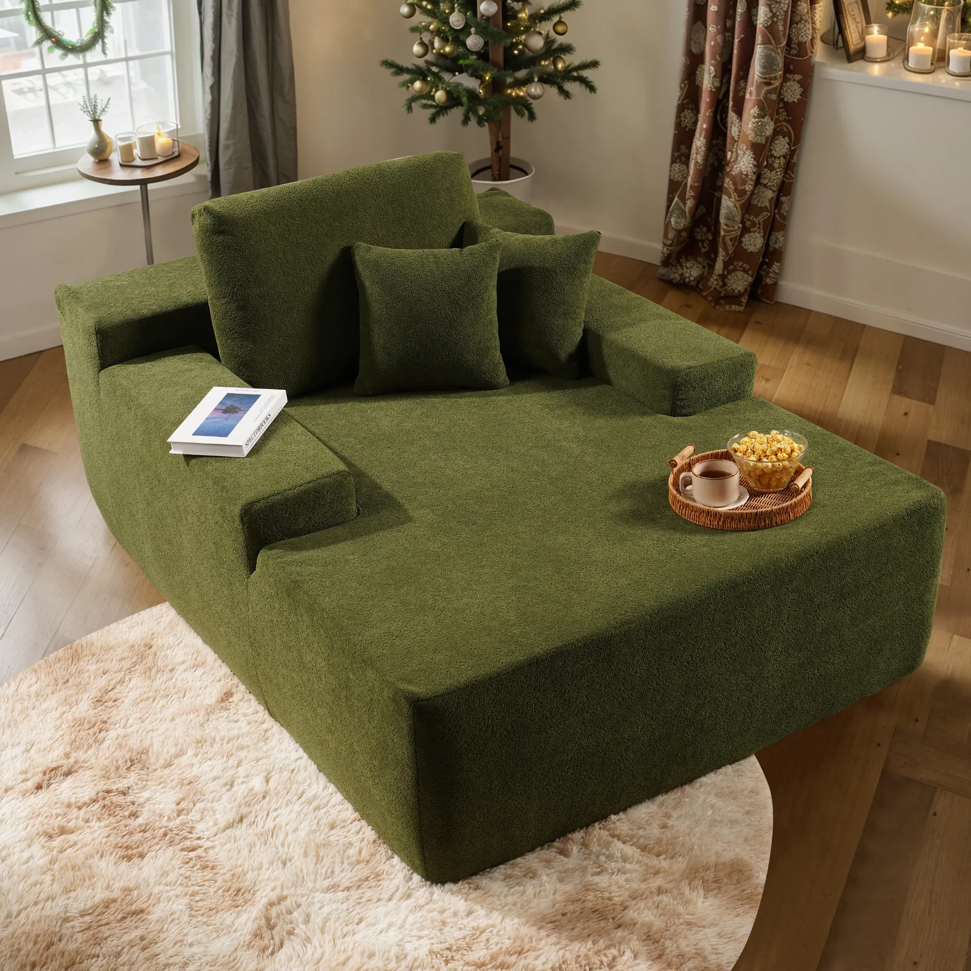 49'' Boneless Chaise Lounge with Cup Holders, Upholstered Sofa Bed with Throw Pillows and Armrests, Indoor Sleeper Chair- Luxurious Plush Corduroy Chair Bed for Living Room - No Assembly Required