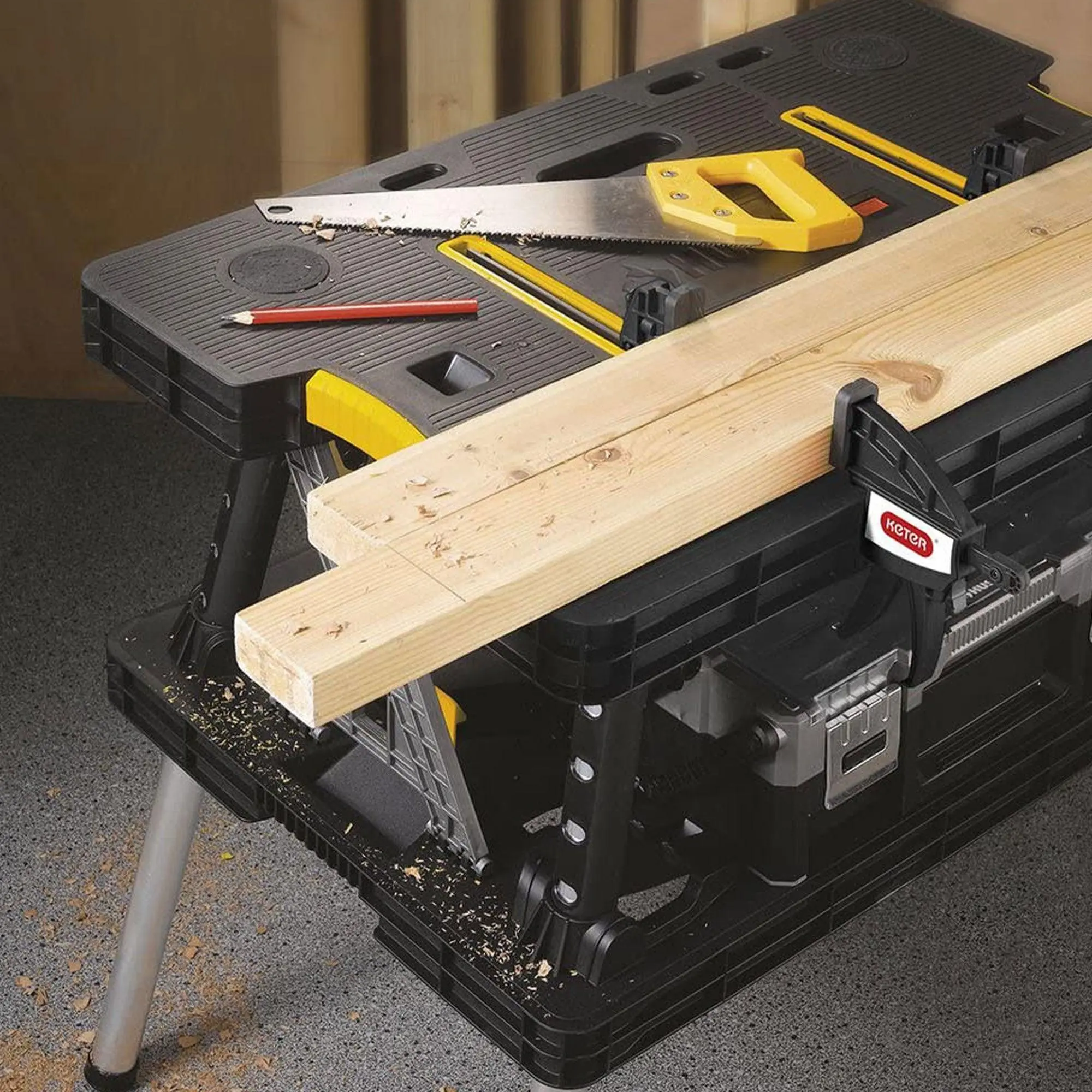 Heavy-Duty Portable Folding Table — Multifunctional Workbench with 12-Inch Clamps, Tool Storage, and Saw Stand