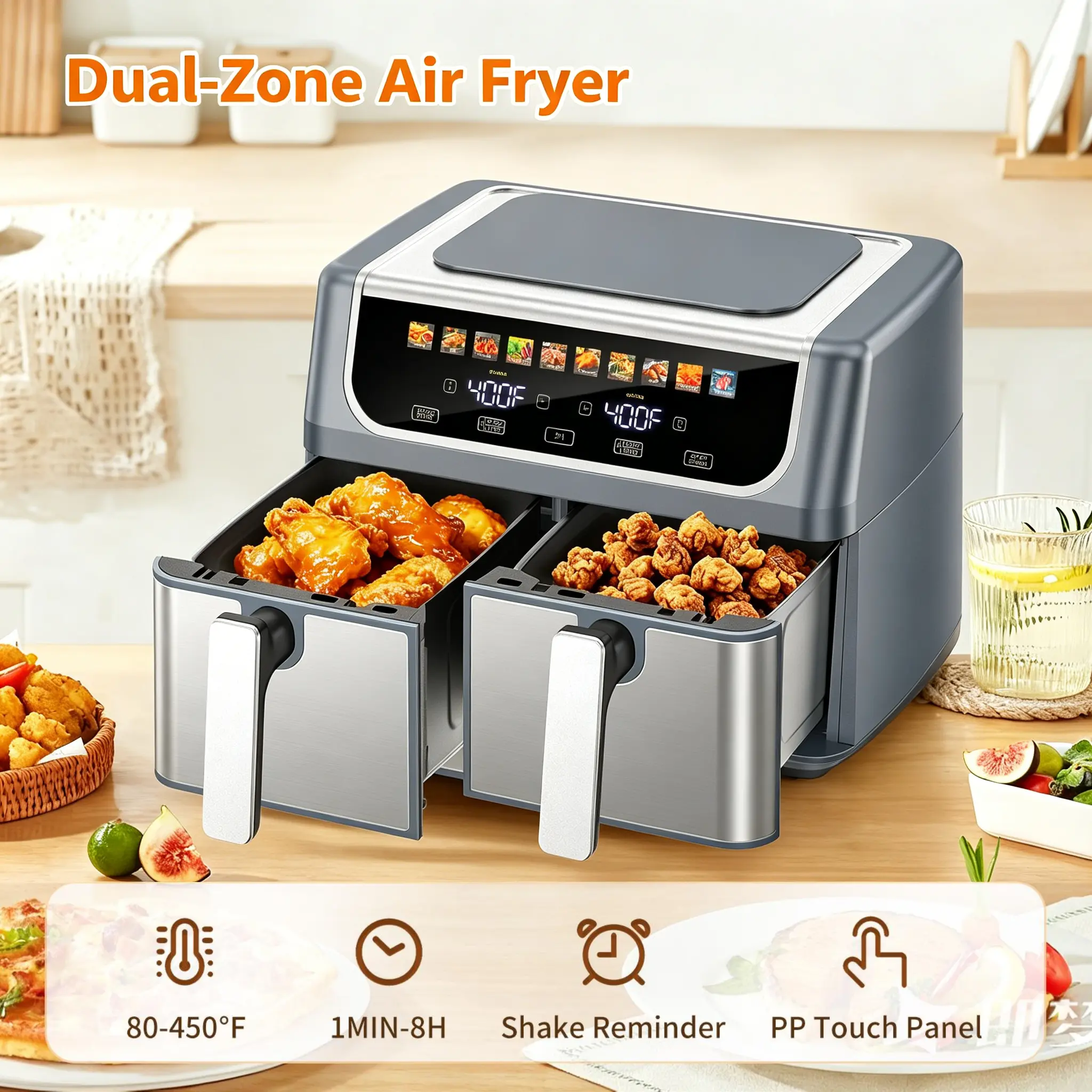 9QT Dual Basket Air Fryer, Oven 10-in-1，2 Independent Nonstick Baskets with Easy View Windows, Sync Finish & Hi-Fry Functions,Wide Temperature Range (200°F – 450°F)， Digital Double Air Fryer