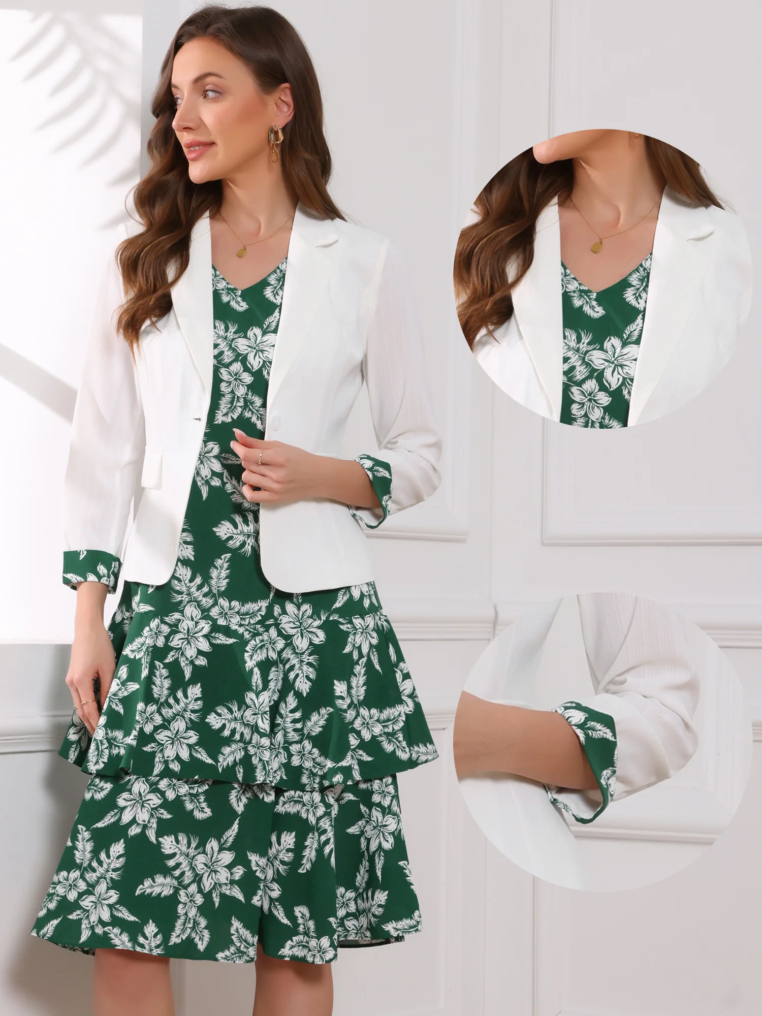 Work flower Print Contrast Panel 2pc Sets Chiffon V Neck Jacket Dress