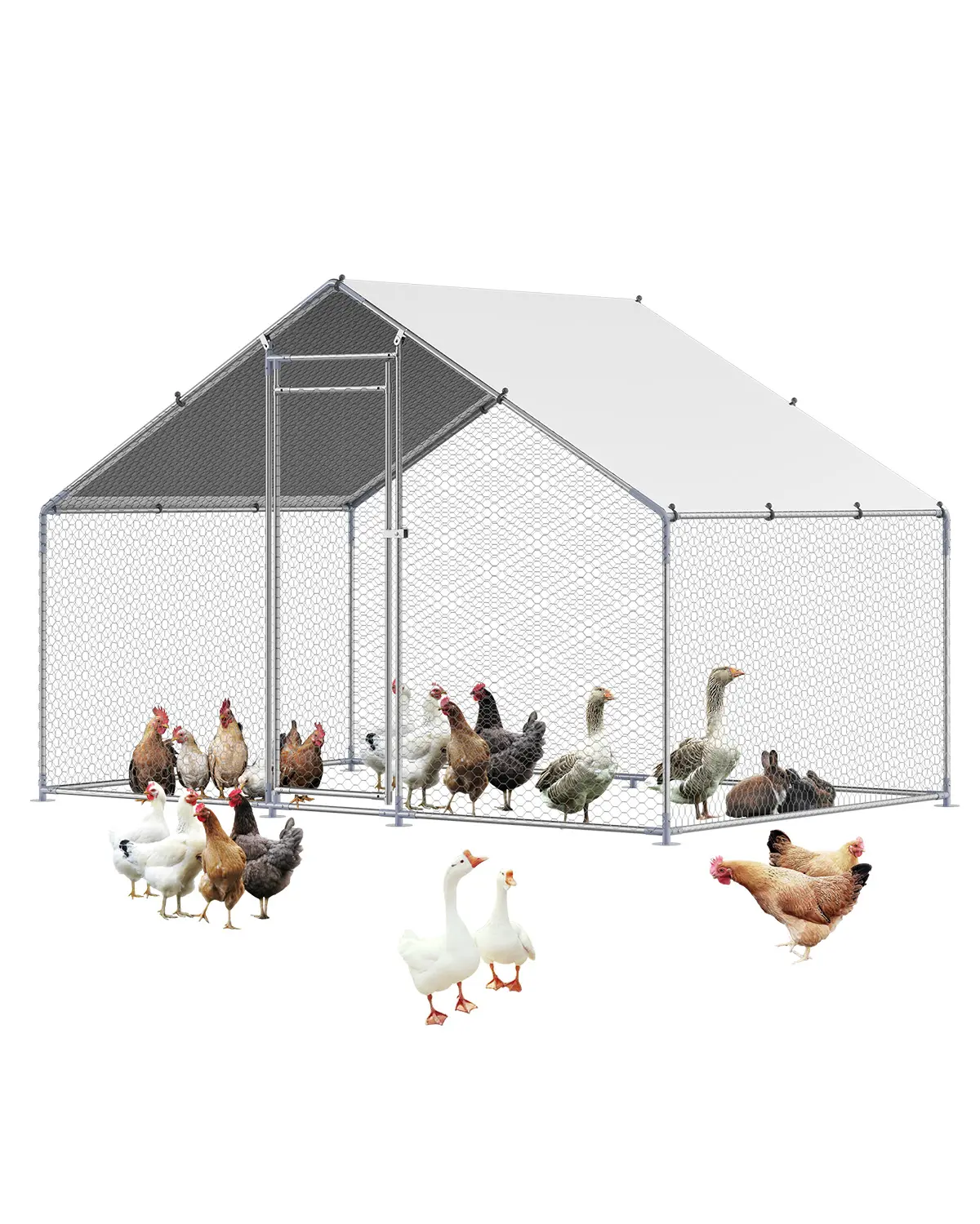 Metal Chicken Coop, 9.8x6.5x6.5ft Large Walk-in Chicken Runs with Cover, Spire Roof Hen House Enclosure with Security Lock, Outdoor Duck Rabbit Cage Poultry Pen for Backyard, Farm