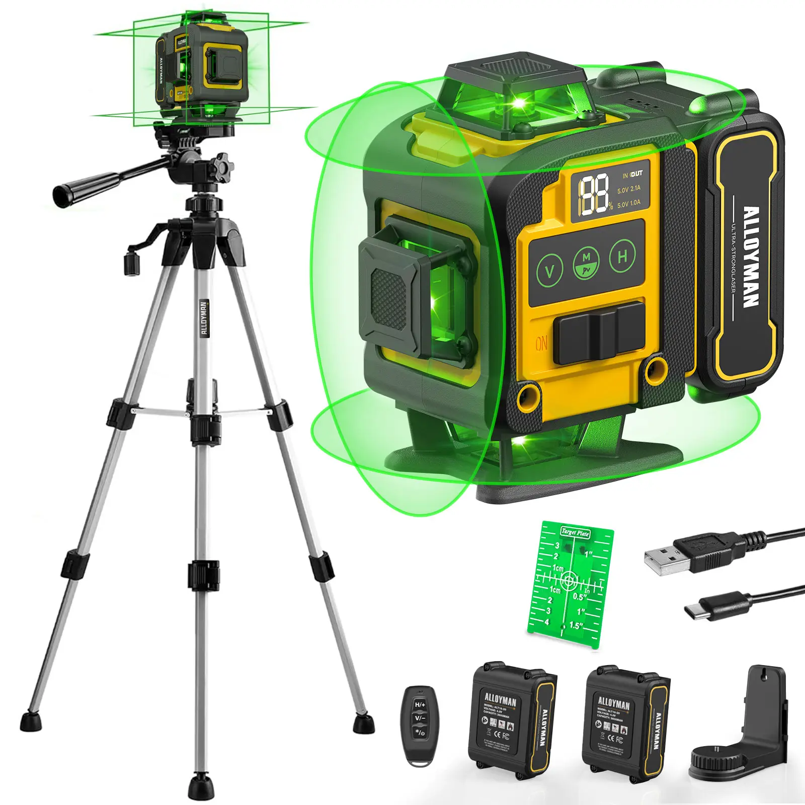 Laser Level with Tripod, 4x360° Self Leveling Laser Level, 16 Line-Green Line Laser 4D with 2Pcs Lithium Batteries for Picture Hanging, Tile, Home Renovation, Indoor Project, Great Gift Ideas for a Perfect Christmas and New Year