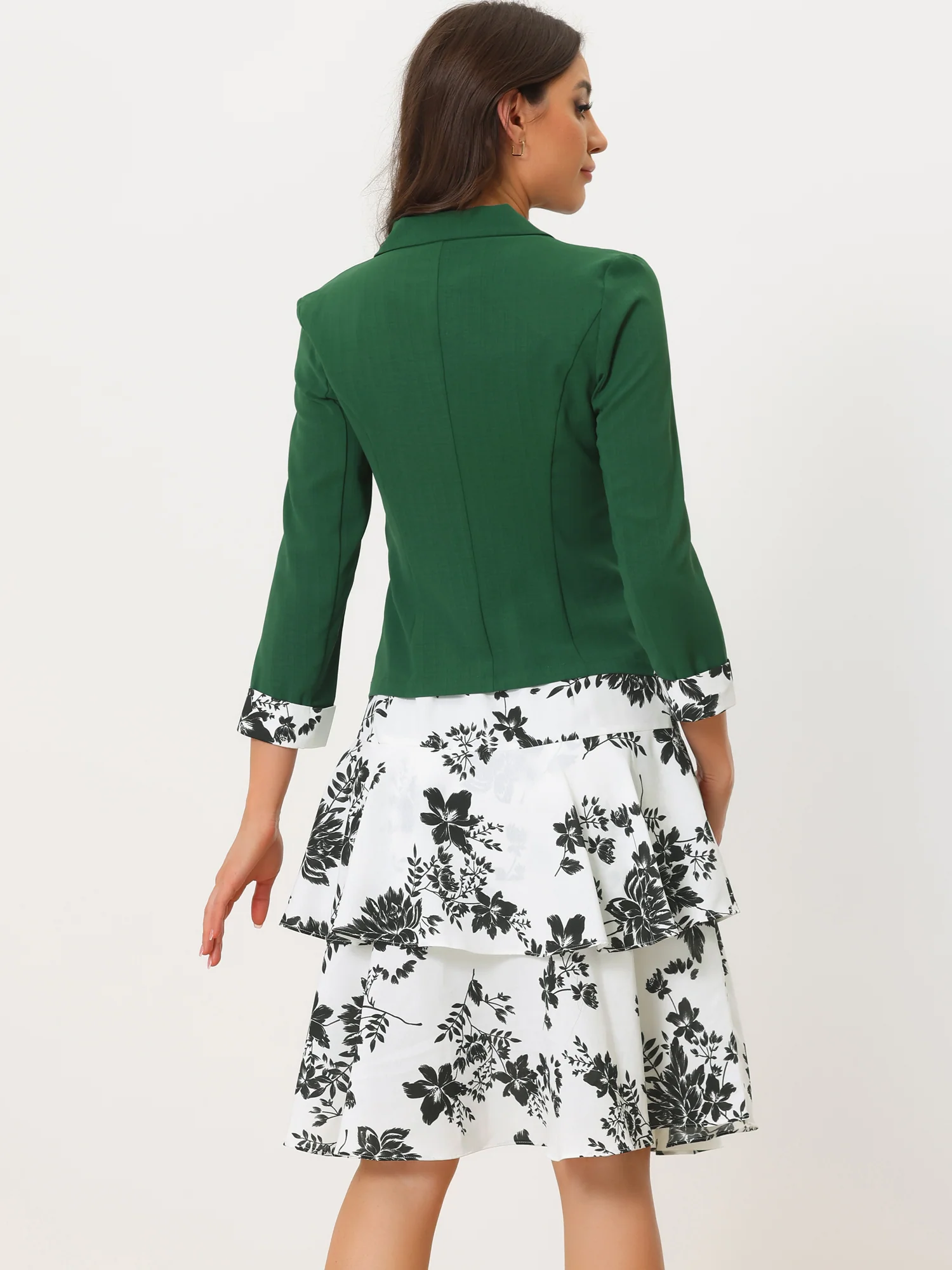 Work flower Print Contrast Panel 2pc Sets Chiffon V Neck Jacket Dress