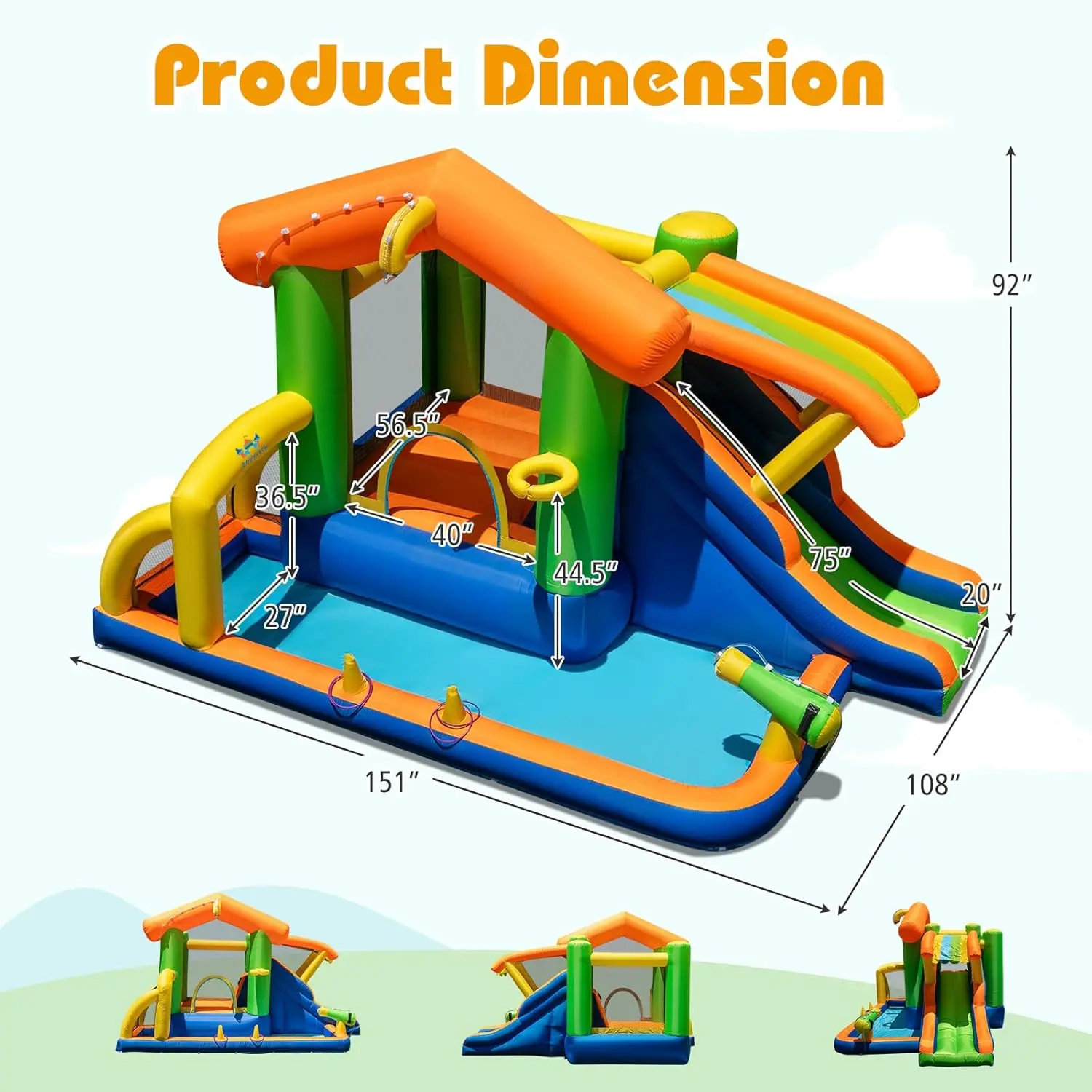 Inflatable Water Slide Bounce House with Air Blower, Backyard Water Park for Kids