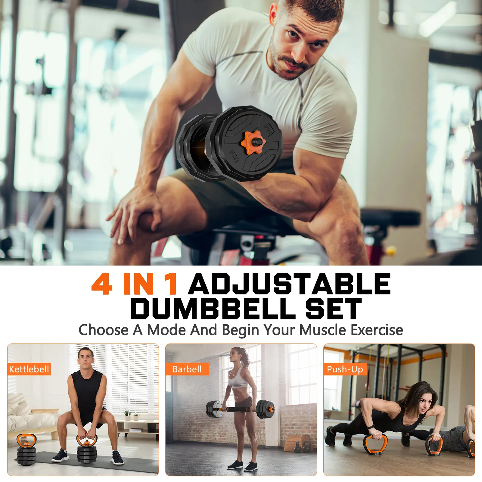 44lb/66lb/88lb 4-in-1 Adjustable Dumbbells Set Free Weight Set with Connector Used as Barbell, Kettlebells, Push up Stand, Fitness Exercises