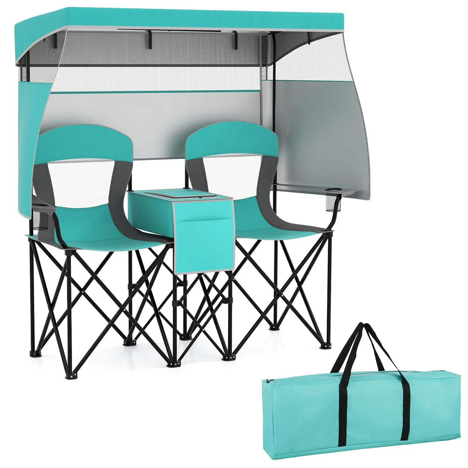 2-Person Portable Camping Chair with Roll-Up Shade & Cooler Bag