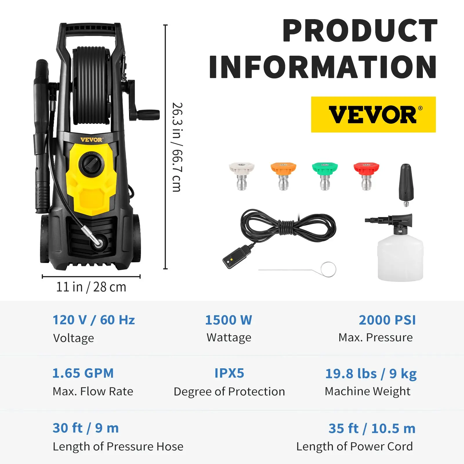 Electric High Pressure Washer (2000 PSI, 1.76 GPM Max) - Portable Pressure Washer with 30 ft Hose & Reel, 5 Quick Connect Nozzles, Foam Cannon, ETL Listed Heavy Duty Car Wash Equipment for Patios, Cars, Driveways