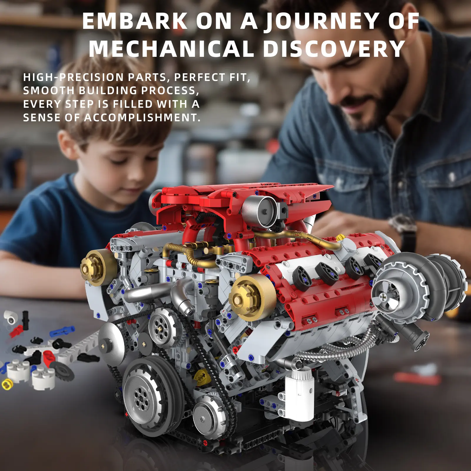 【3160 PCS】Ferrari-Style Motorized V8 Engine Model Building Kit, with APP Control & LED Lights