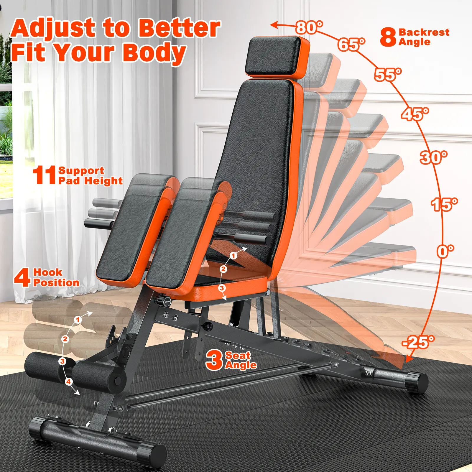 Multi-Functional FID Weight Bench for Full All-in-One Body Workout – Hyper Back Extension, Roman Chair, Adjustable Ab Sit up Bench, Incline Decline Bench, Flat Bench,Support up to 1000lbs，Suitable for home workouts，outdoorfun