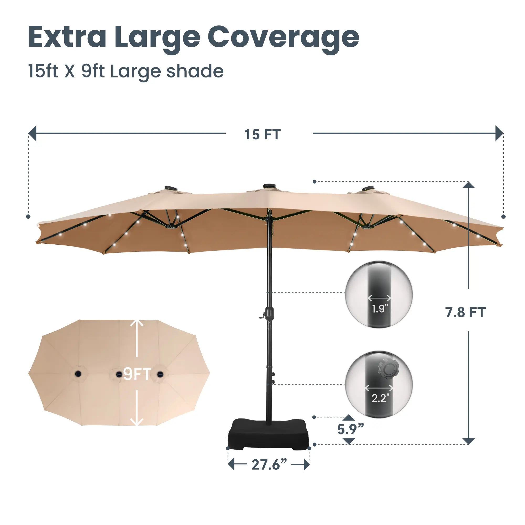 15FT Double-Sided Patio Umbrella with LED Lights | Waterproof Outdoor Shade