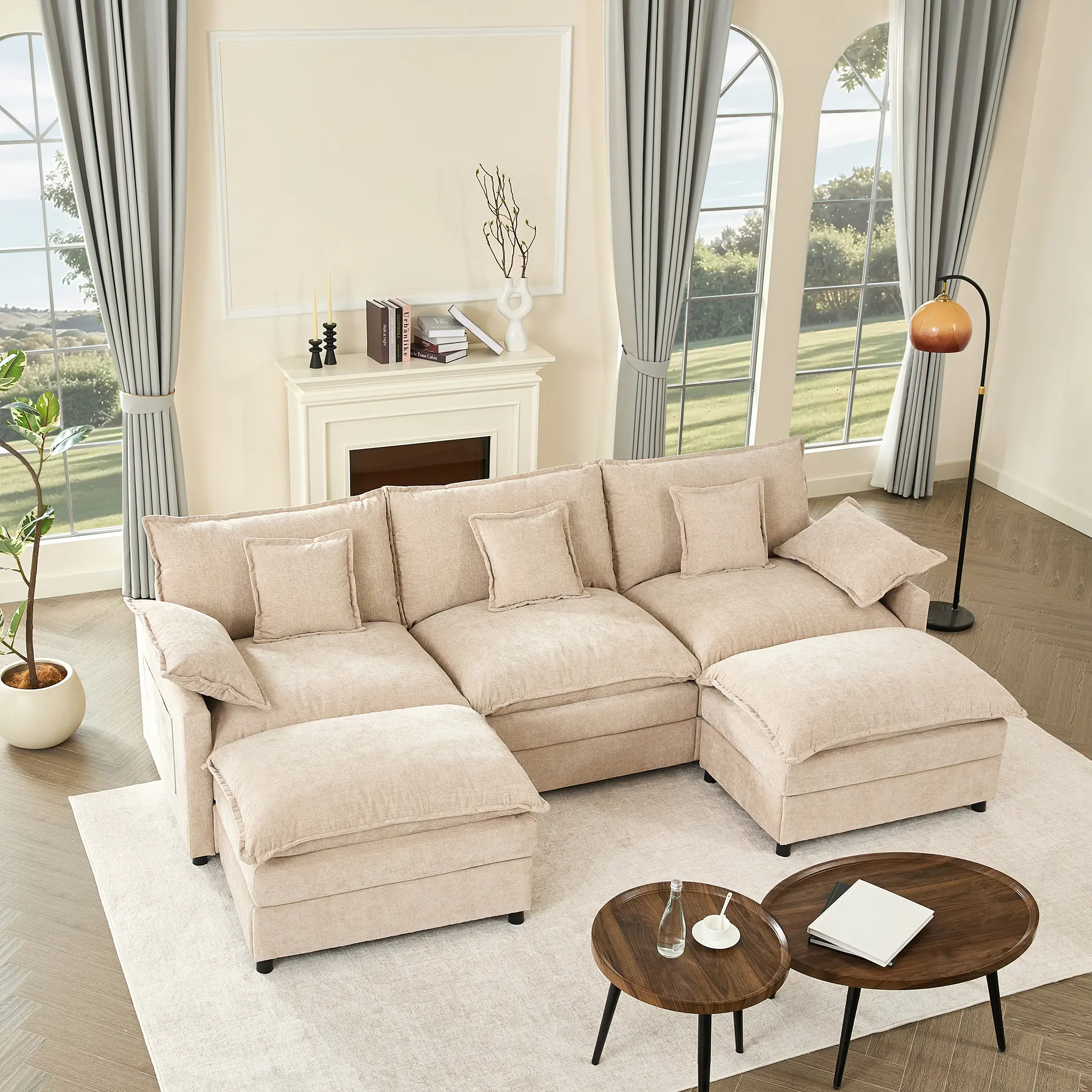 108" U-Shaped Modular Sectional Sofa - Comfy Cloud 3-Seater with 2 Movable Ottoman, Cloud Sofa,Deep Seat Linen Couch for Living Room, Beige Color ,Comfort & Stylish Design,Chenille pink